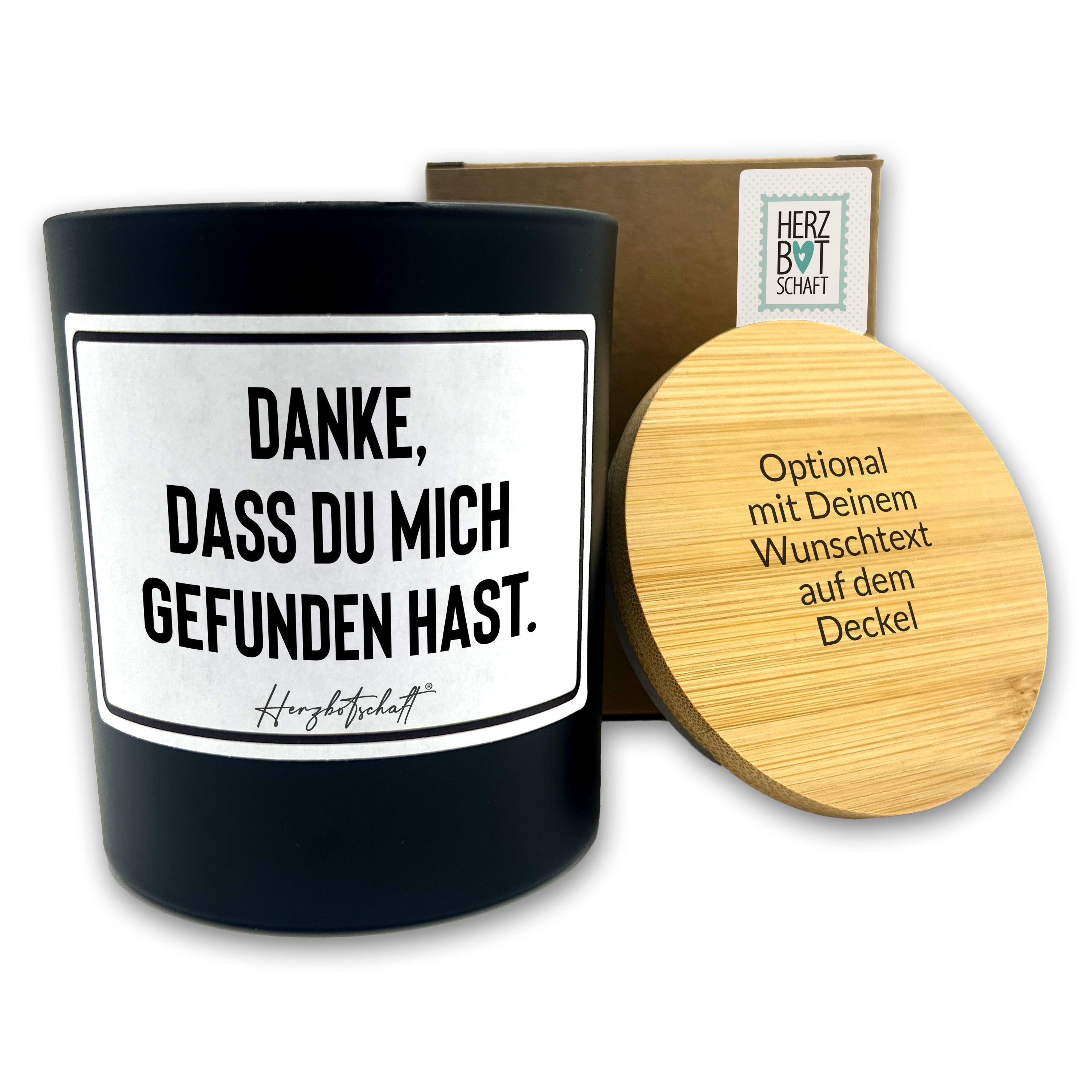 Duftkerze mit Spruch – Danke, dass du mich gefunden hast. – liebevolles Geschenk, handgemachte Sojakerze im Glas, nachhaltig, optional mit personalisiertem Bambusdeckel