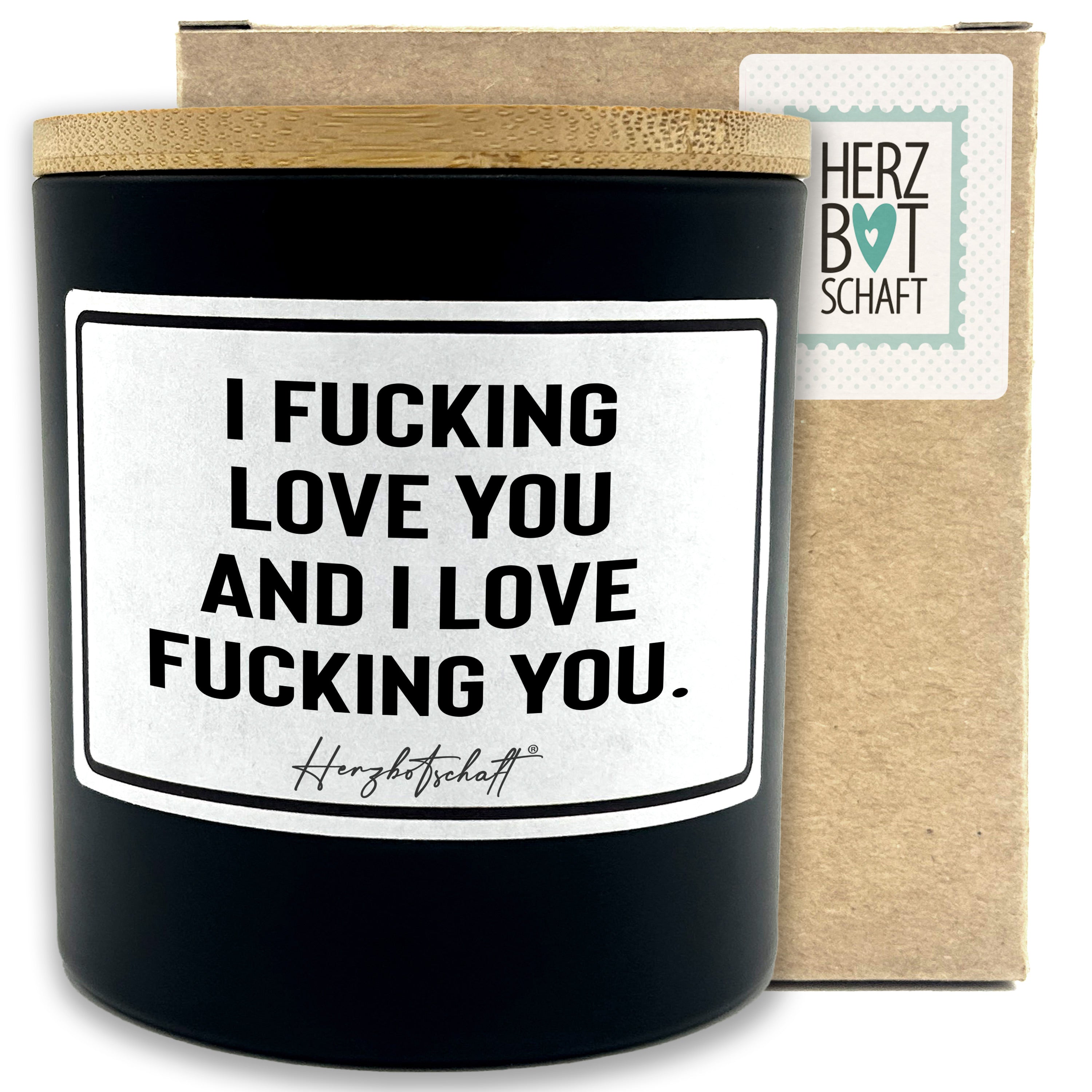 Duftkerze mit Spruch – I fucking love you and I love fucking you. – liebevolles Geschenk, handgemachte Sojakerze im Glas, nachhaltig, optional mit personalisiertem Bambusdeckel