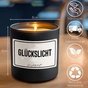 Duftkerze mit Spruch – Glückslicht – originelles Geschenk, handgemachte Sojakerze im Glas, nachhaltig, optional mit personalisiertem Bambusdeckel