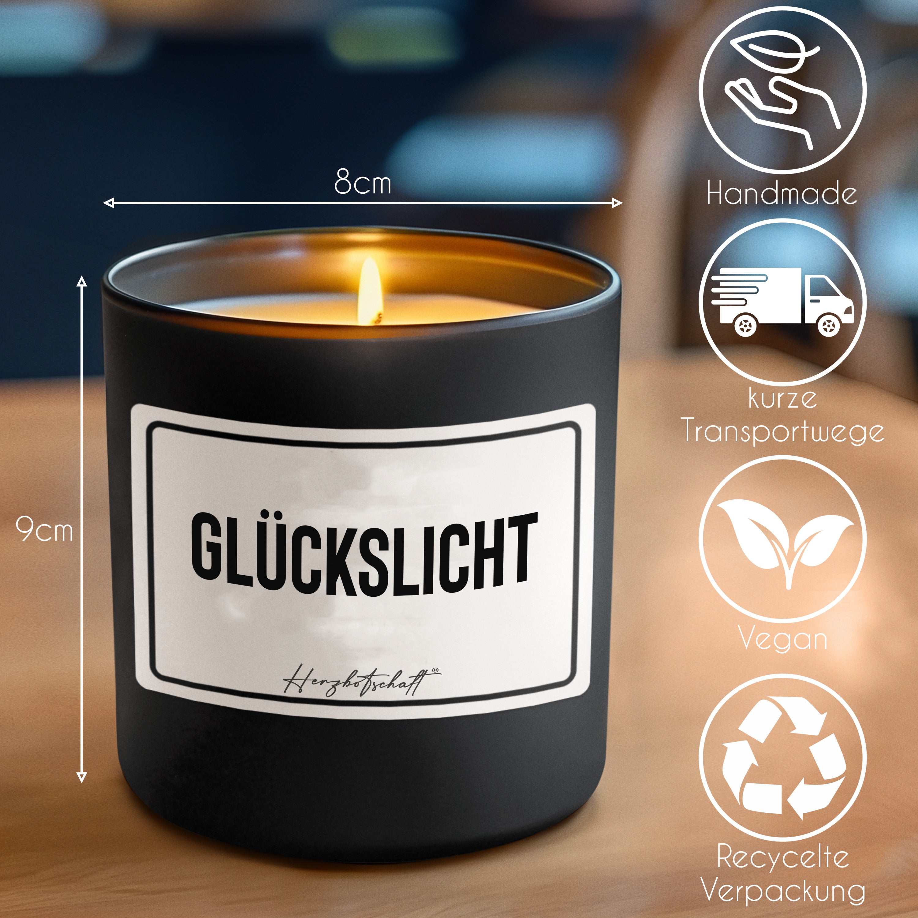 Duftkerze mit Spruch – Glückslicht – originelles Geschenk, handgemachte Sojakerze im Glas, nachhaltig, optional mit personalisiertem Bambusdeckel
