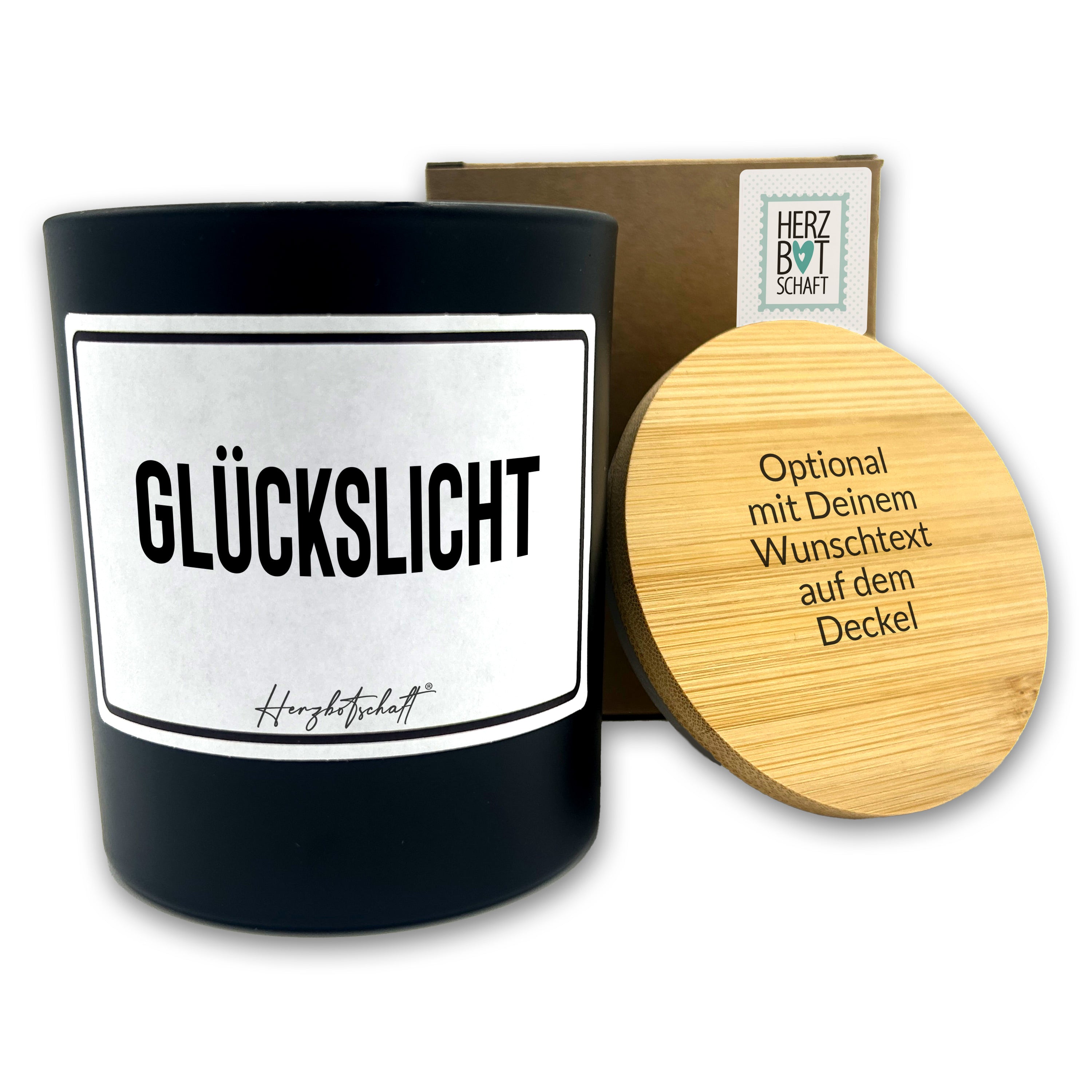 Duftkerze mit Spruch – Glückslicht – originelles Geschenk, handgemachte Sojakerze im Glas, nachhaltig, optional mit personalisiertem Bambusdeckel