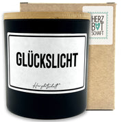 Duftkerze mit Spruch – Glückslicht – originelles Geschenk, handgemachte Sojakerze im Glas, nachhaltig, optional mit personalisiertem Bambusdeckel