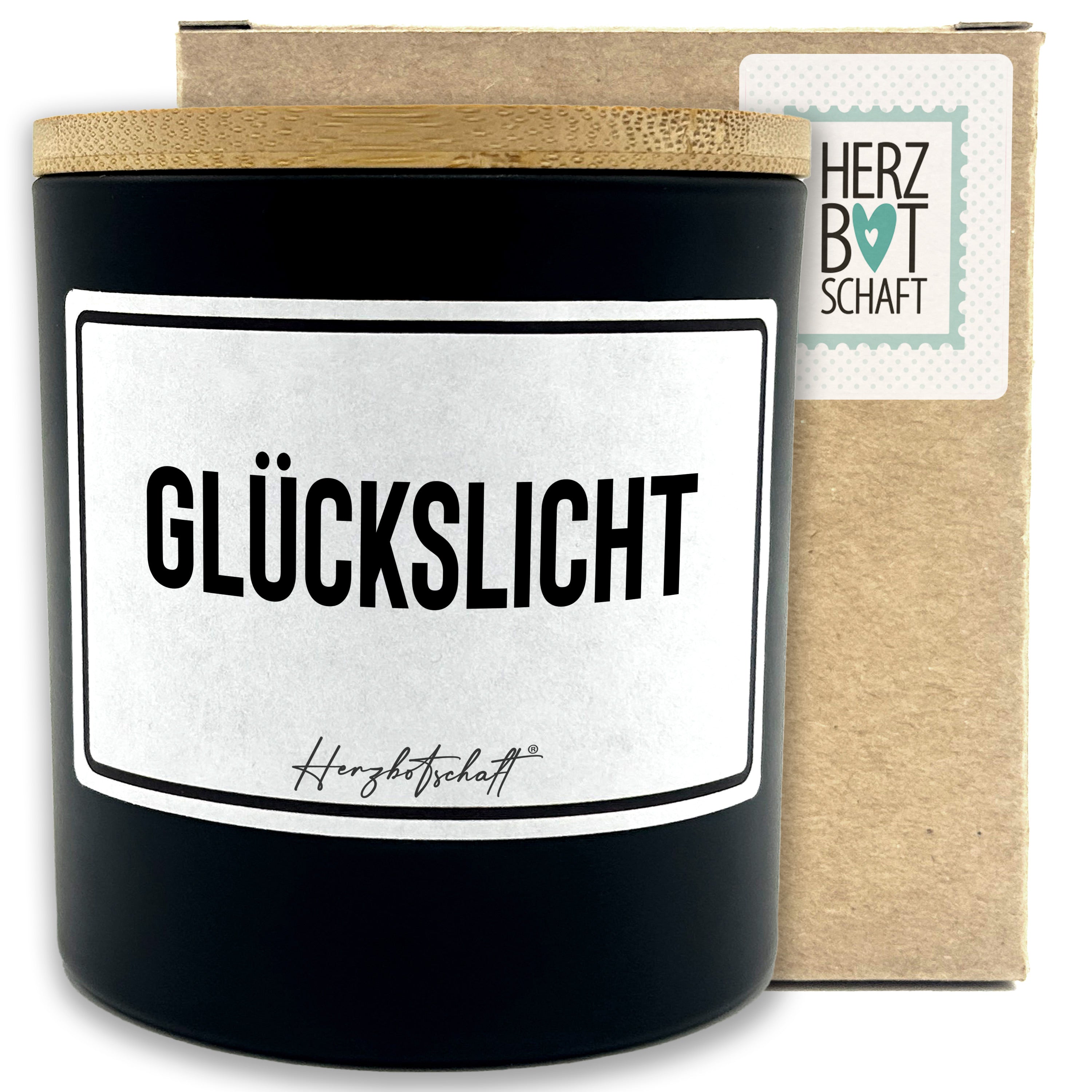 Duftkerze mit Spruch – Glückslicht – originelles Geschenk, handgemachte Sojakerze im Glas, nachhaltig, optional mit personalisiertem Bambusdeckel