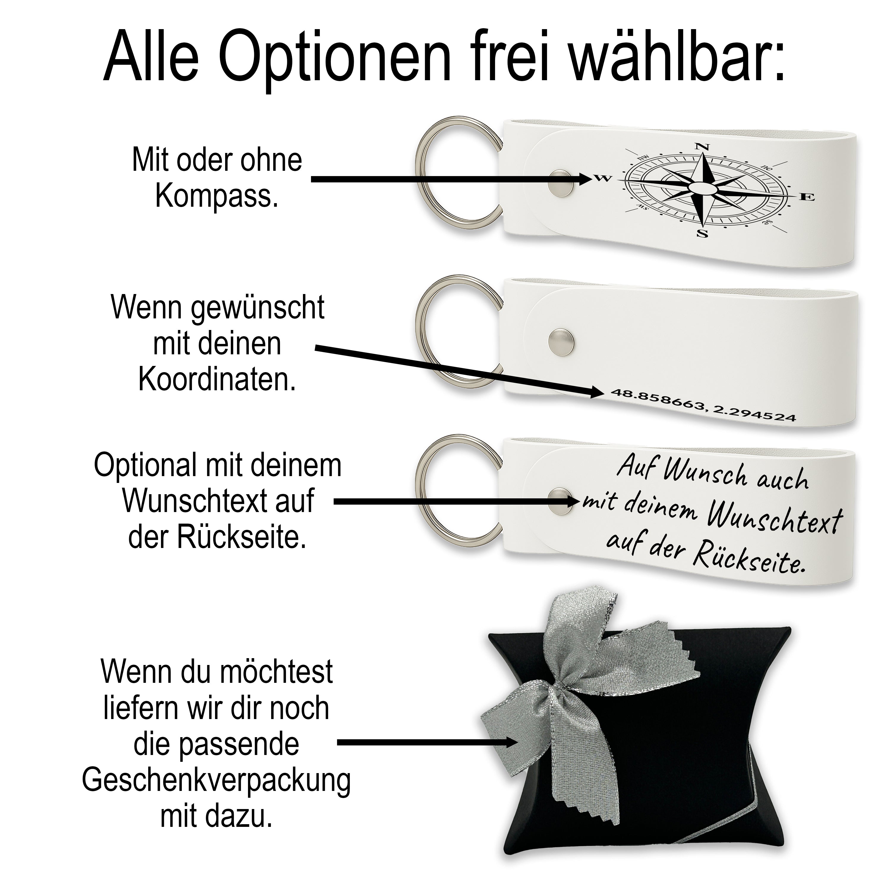 Schlüsselanhänger aus echtem Rindsleder – personalisierbar mit Koordinaten, Kompass oder Wunschtext – handgefertigtes Liebesgeschenk für Paare.