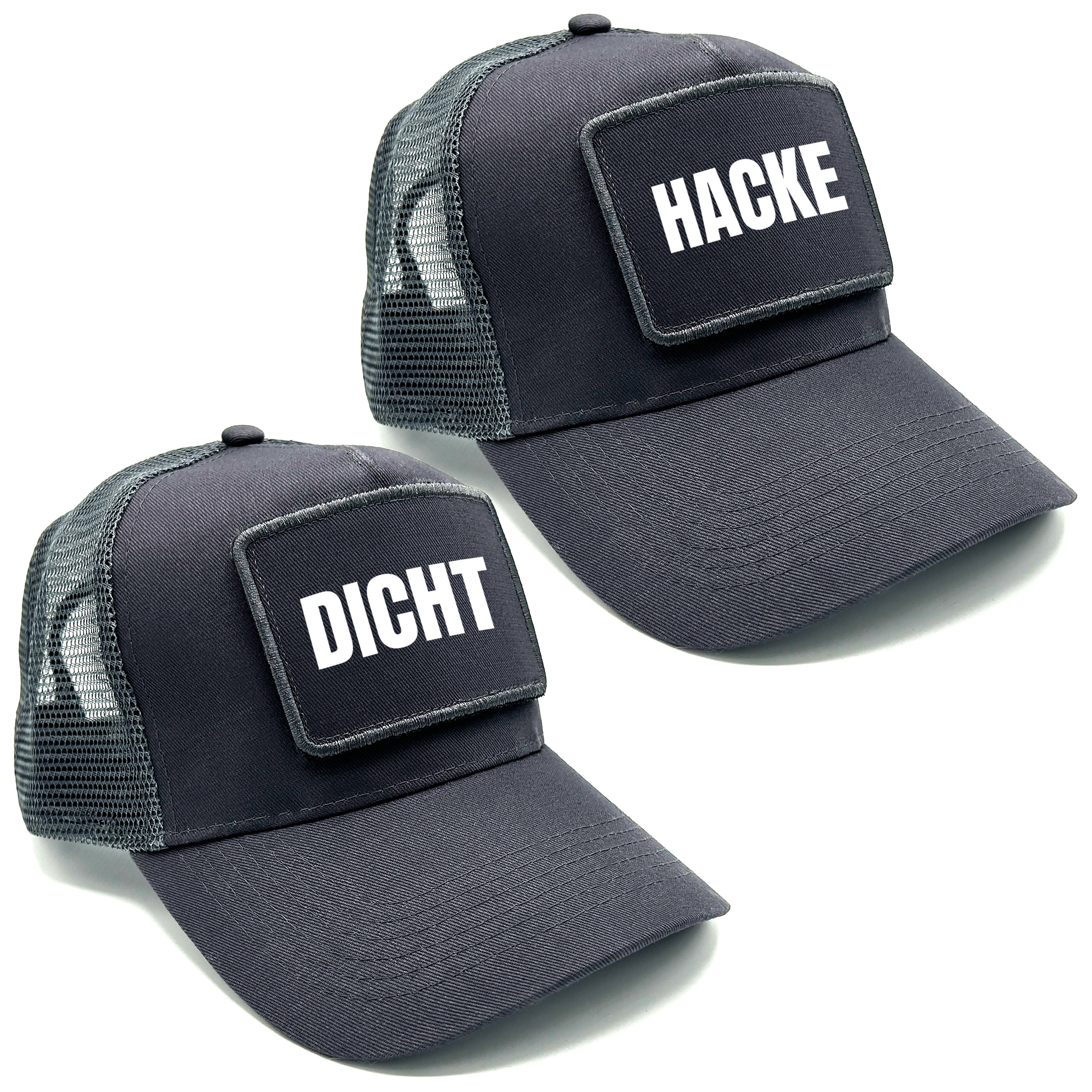 2er Set Mesh Baseball Caps mit Spruch auf Patch | Hacke Dicht | Farbwahl | OneSize durch verstellbaren Klipp-Verschluss