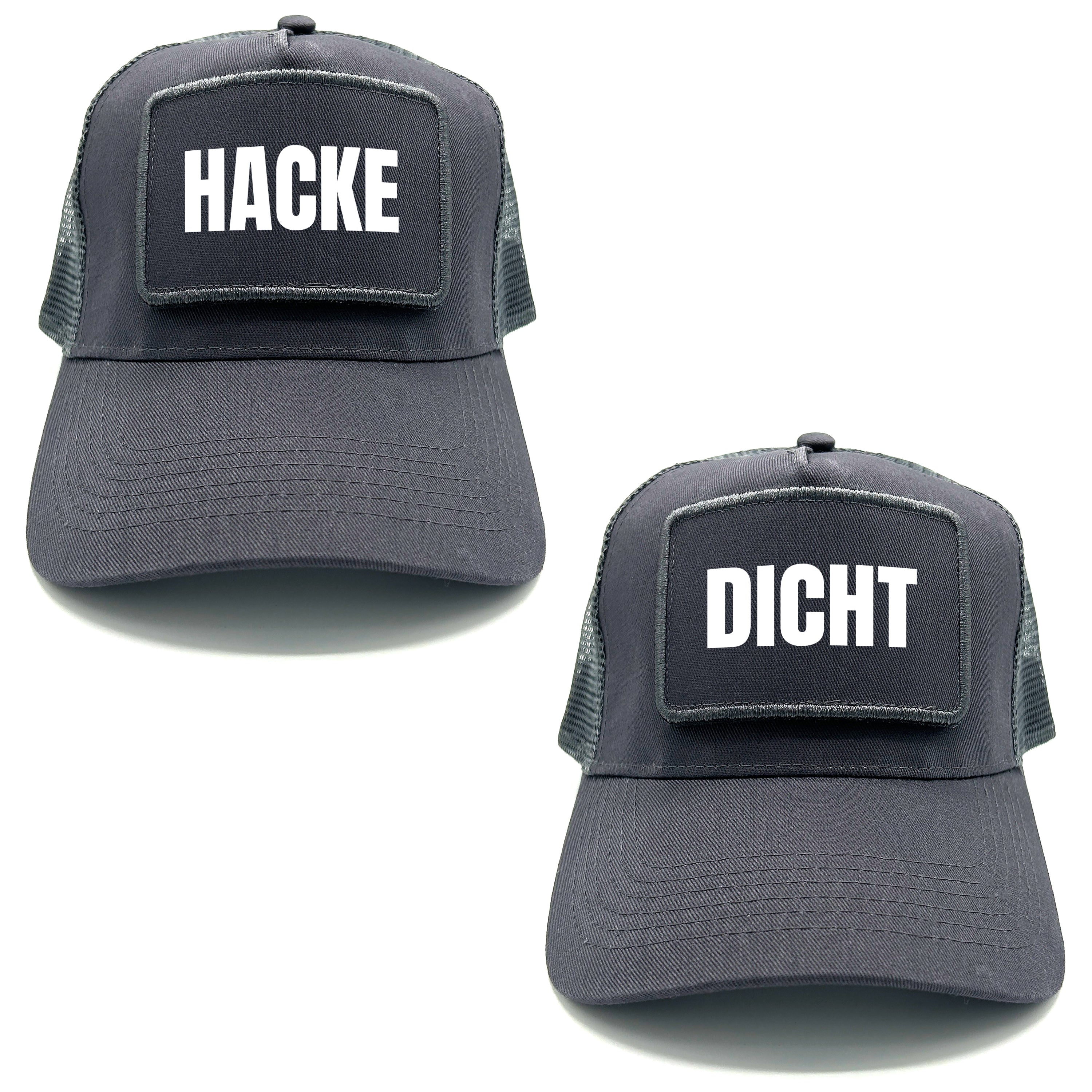 2er Set Mesh Baseball Caps mit Spruch auf Patch | Hacke Dicht | Farbwahl | OneSize durch verstellbaren Klipp-Verschluss