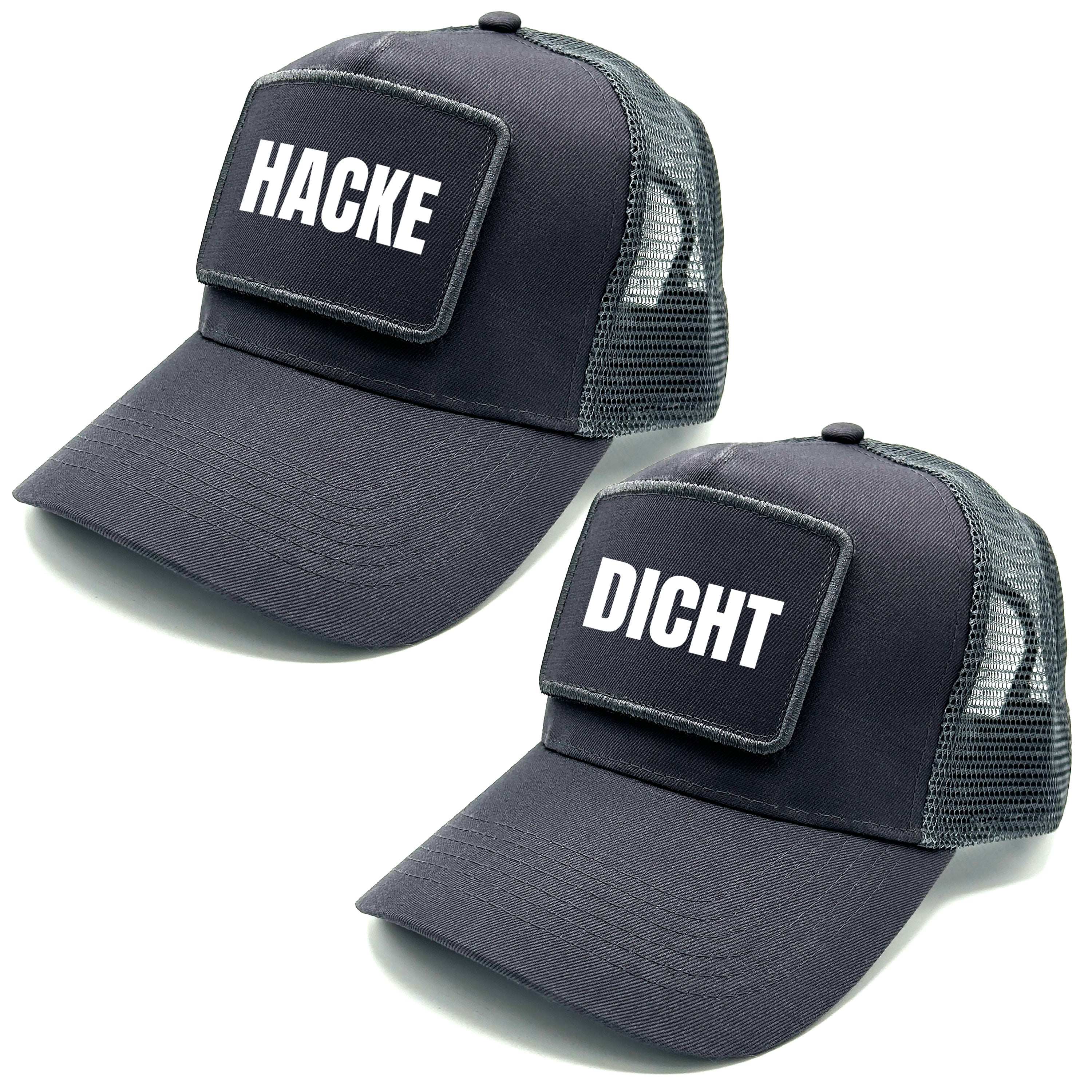 2er Set Mesh Baseball Caps mit Spruch auf Patch | Hacke Dicht | Farbwahl | OneSize durch verstellbaren Klipp-Verschluss