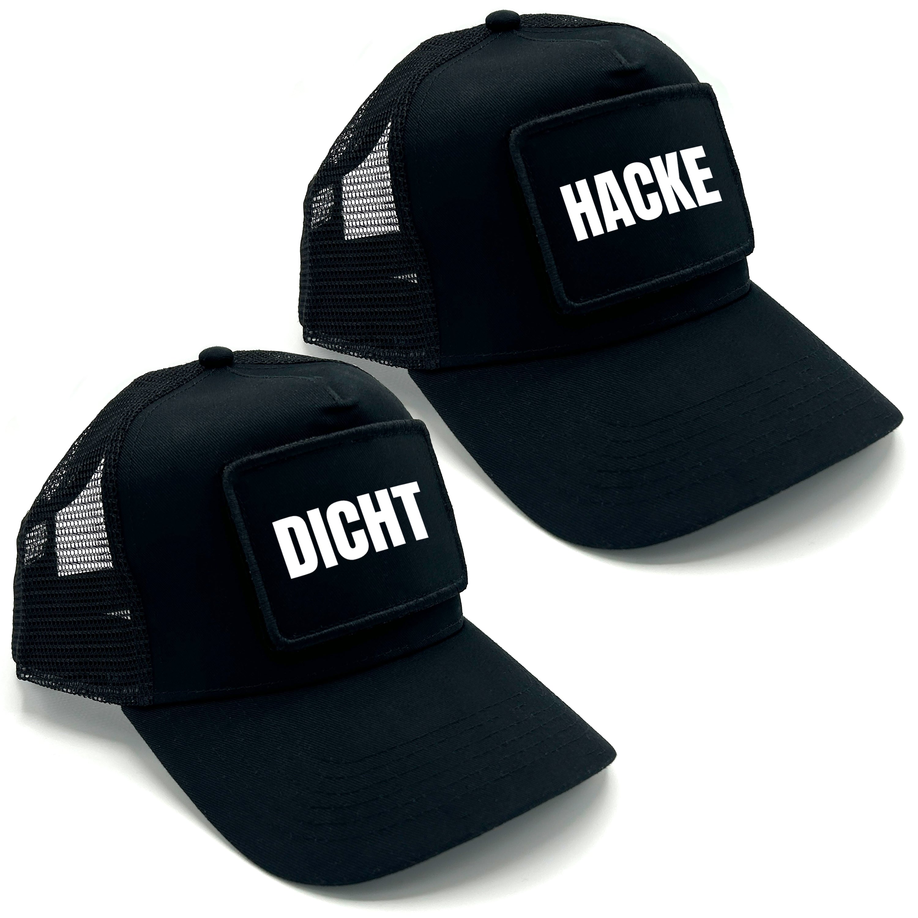 2er Set Mesh Baseball Caps mit Spruch auf Patch | Hacke Dicht | Farbwahl | OneSize durch verstellbaren Klipp-Verschluss