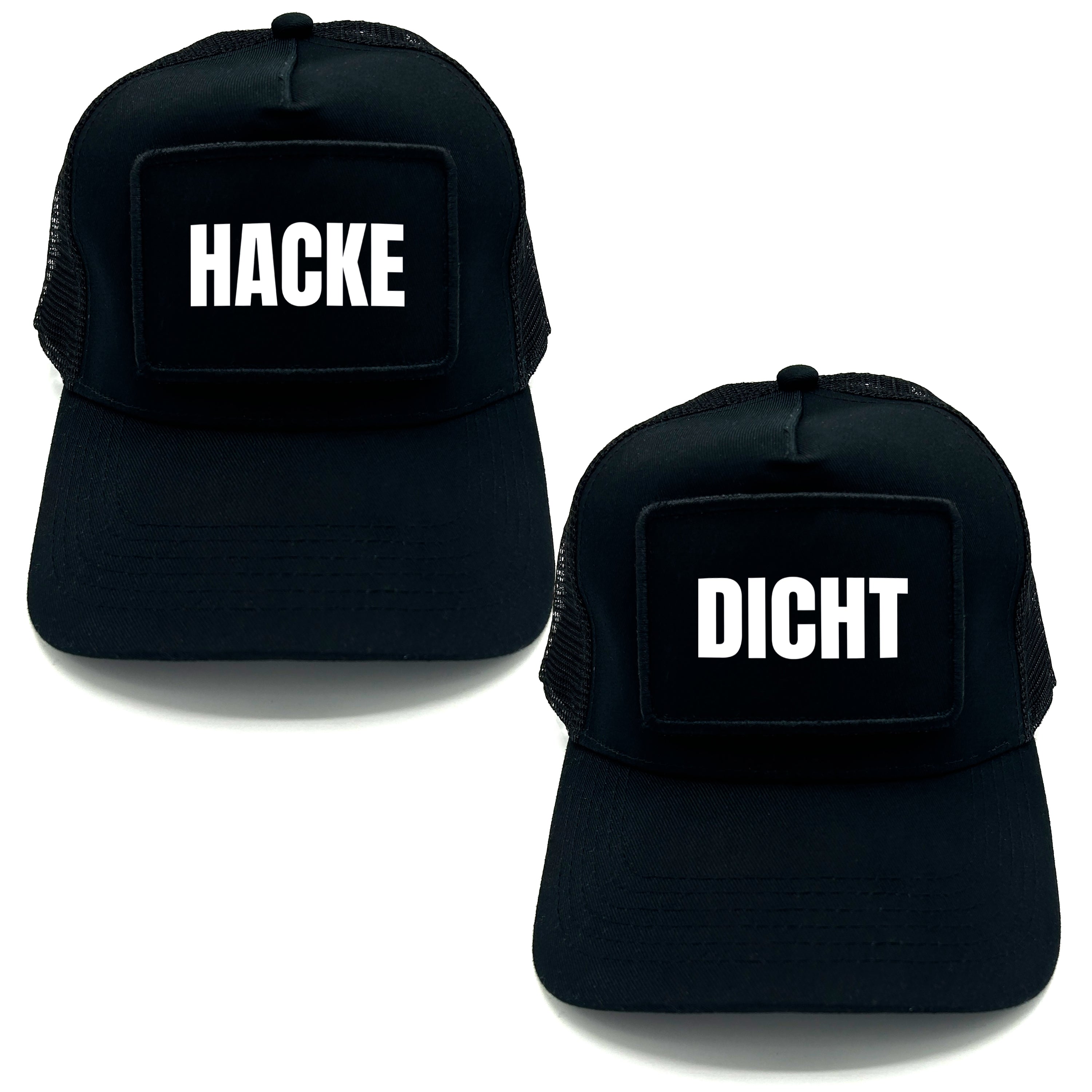 2er Set Mesh Baseball Caps mit Spruch auf Patch | Hacke Dicht | Farbwahl | OneSize durch verstellbaren Klipp-Verschluss
