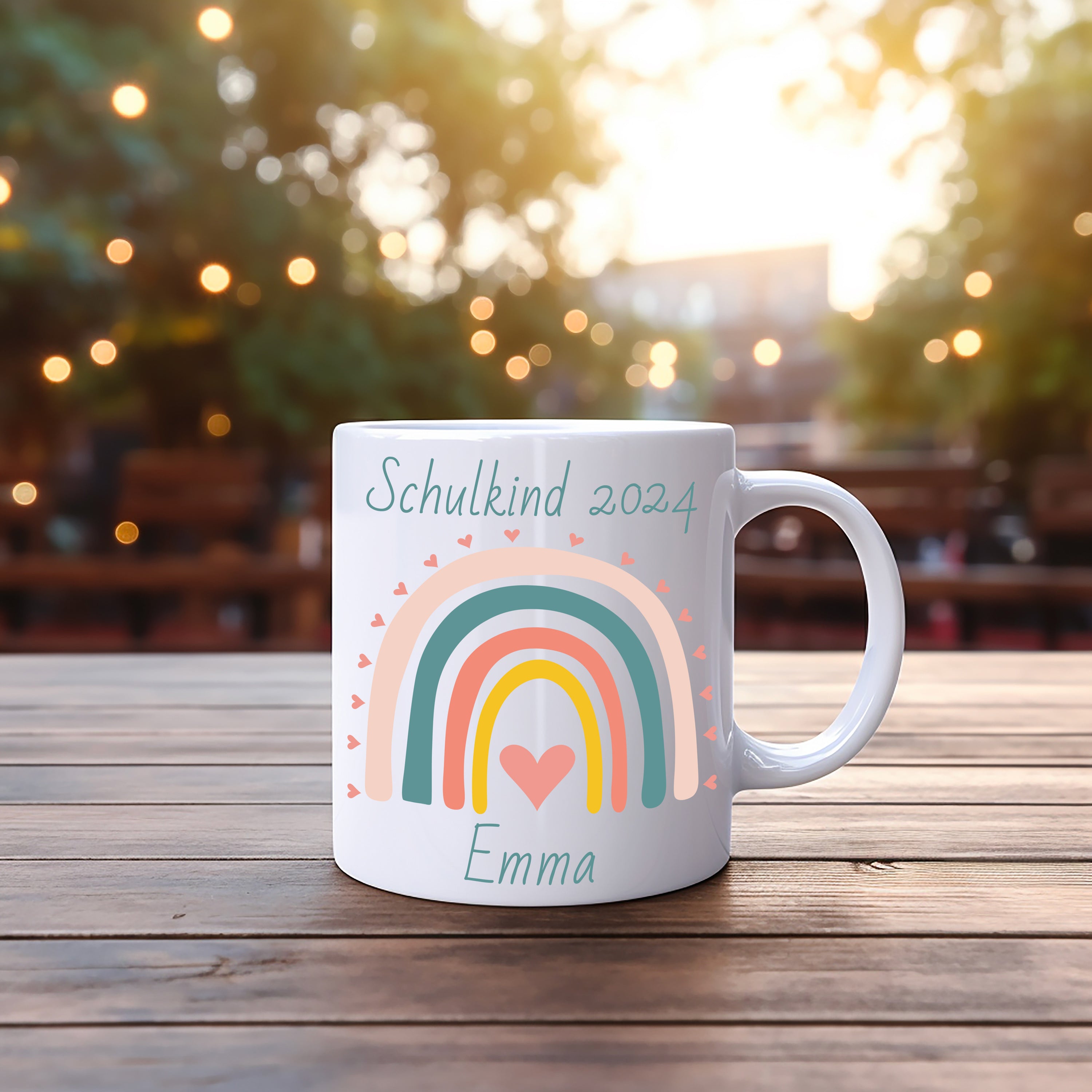 personalisierte Tasse zum Schulanfang - Regenbogen