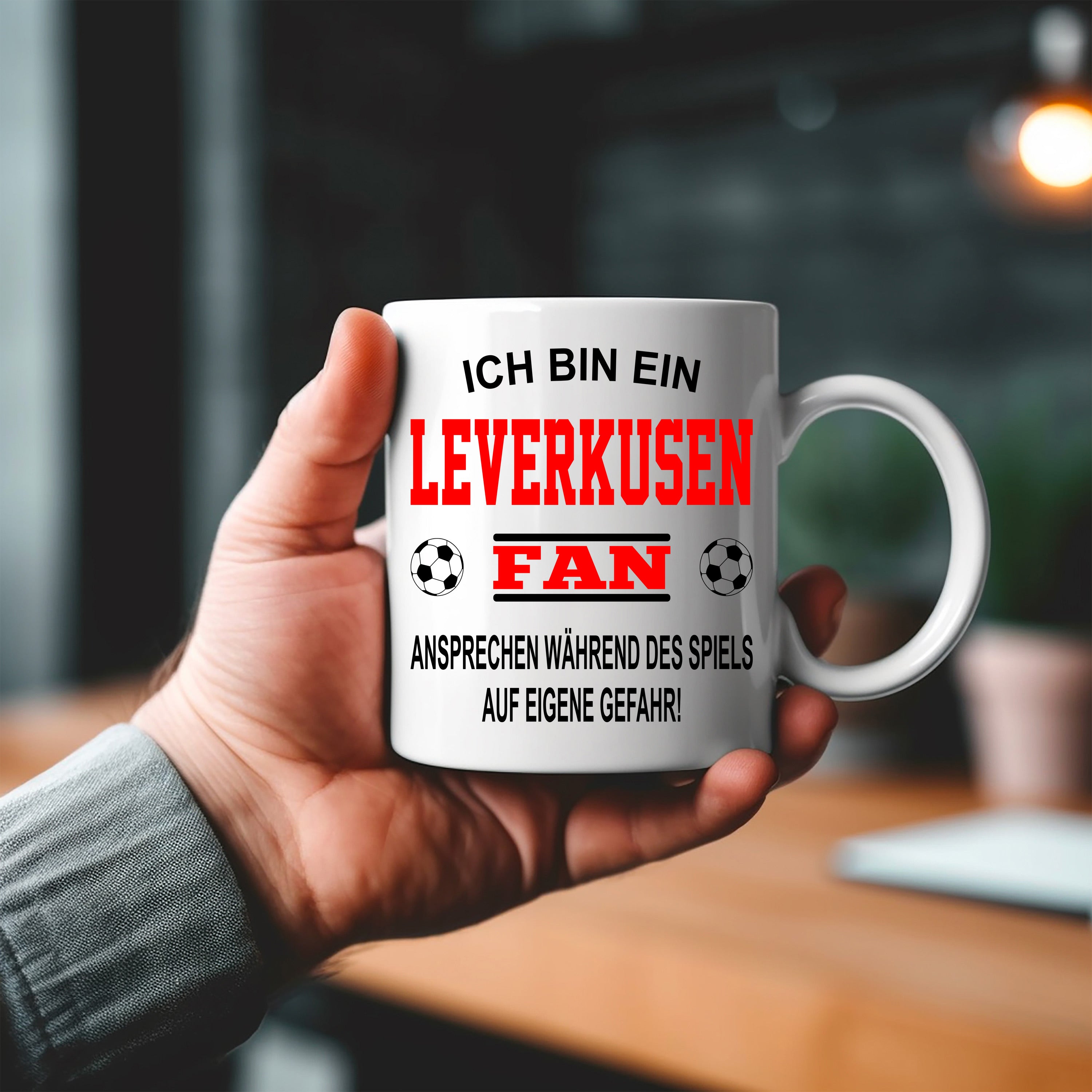 Fussball Tasse | Ich bin ein Leverkusen Fan - Ansprechen während des Spiels auf eigene Gefahr | Keramiktasse für Fußballfans