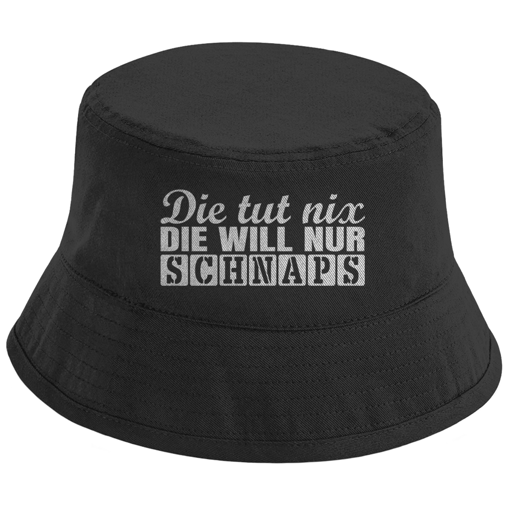 Bucket Hat mit Motiv | Die tut nix. Die will nur Schnaps | Mallorca Hut für Feiern und Partys Sommerhut