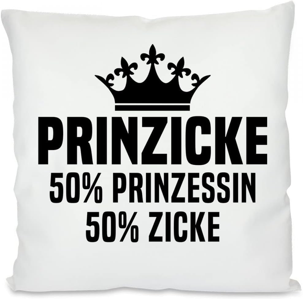 Kissen mit Spruch - Prinzicke - 50% Prinzesssin + 50% Zicke | Dekokissen mit Füllung | 40x40cm