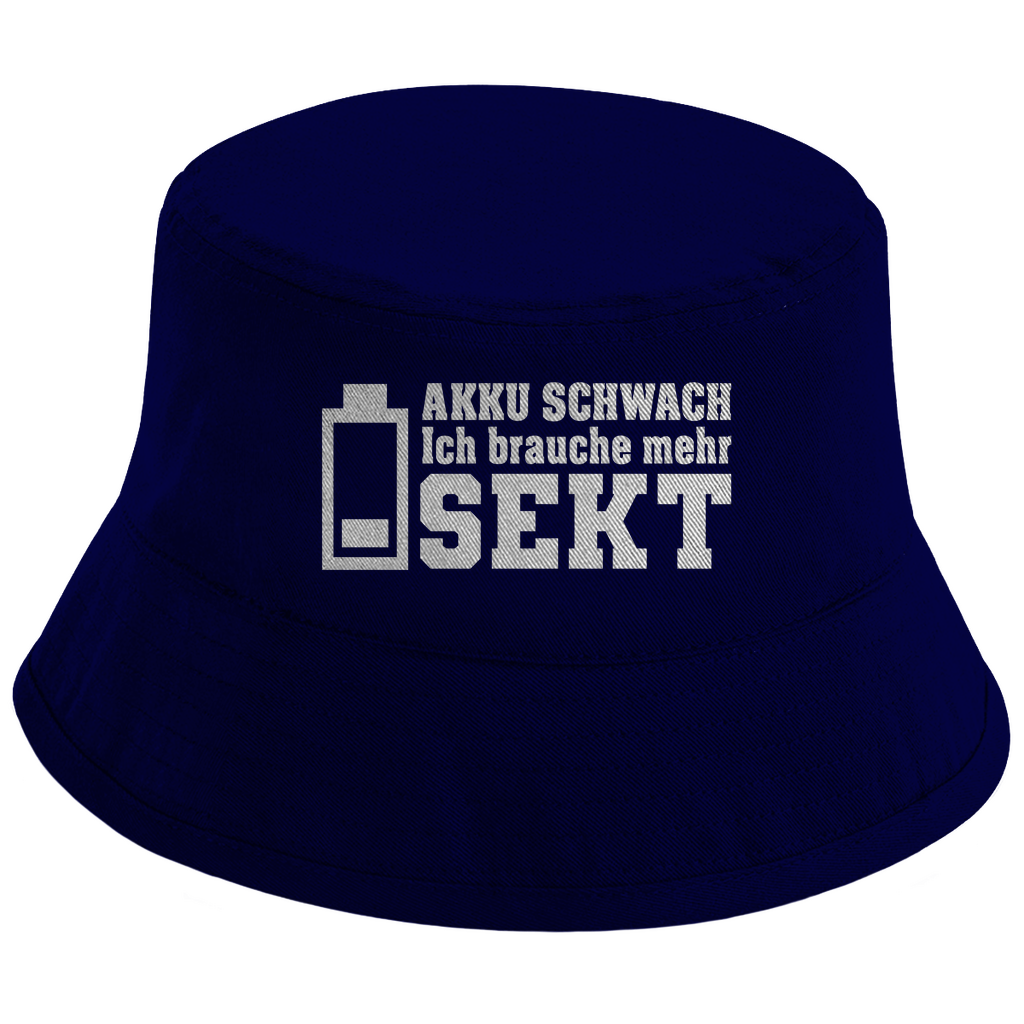 Bucket Hat mit Motiv | AKKU SCHWACH. Ich brauche mehr Sekt | Mallorca Hut für Feiern und Partys Sommerhut