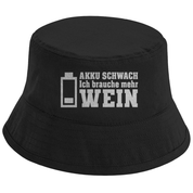 Bucket Hat mit Motiv | AKKU SCHWACH. Ich brauche mehr Wein | Mallorca Hut für Feiern und Partys Sommerhut