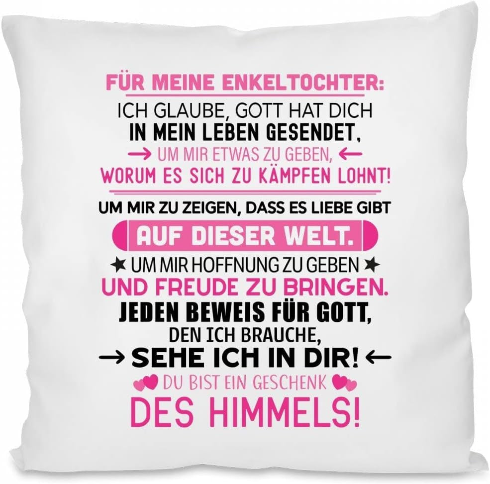 Kissen mit Spruch - Für Meine Enkeltochter - Geschenk des Himmels! | Dekokissen mit Füllung | 40x40cm