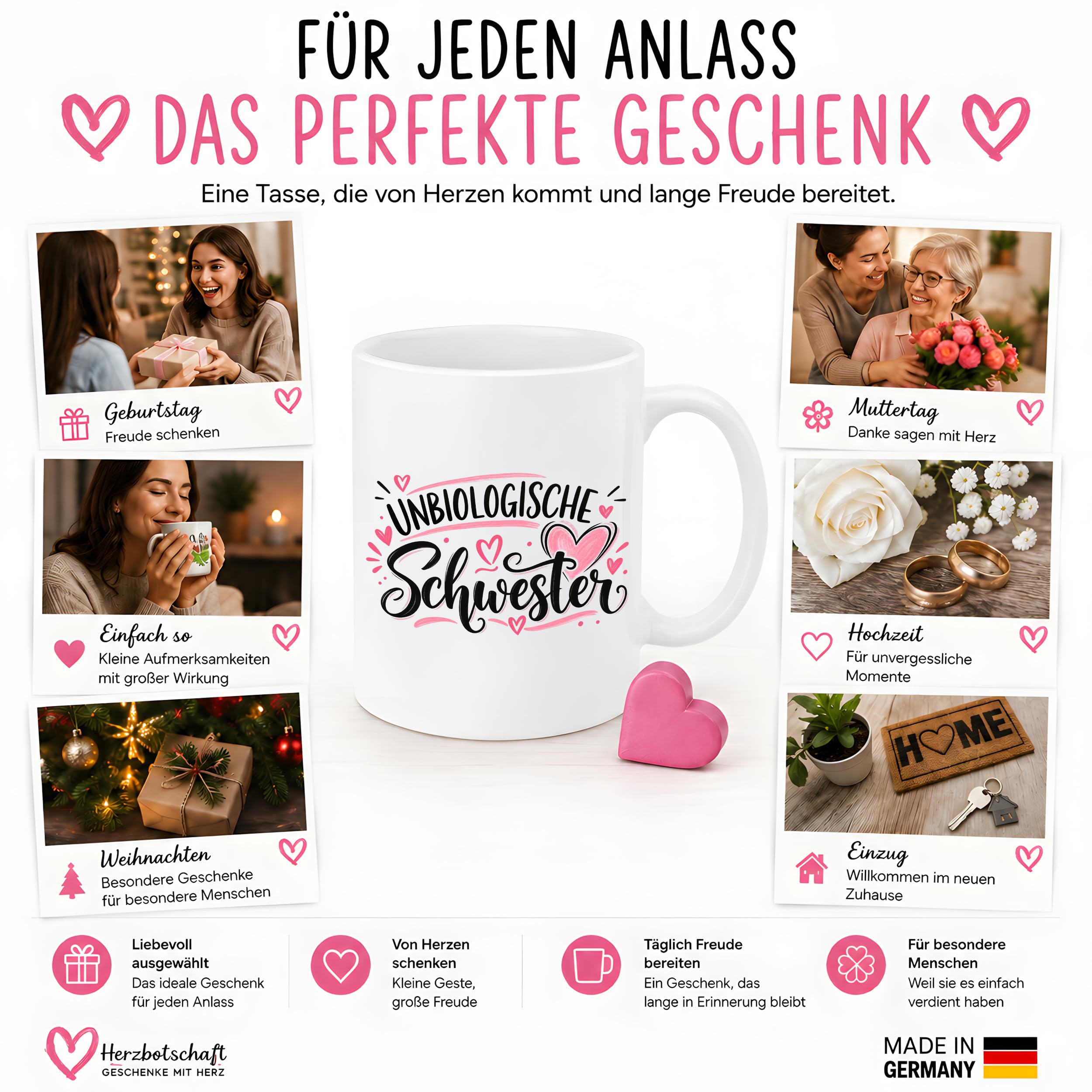 Herzbotschaft Tasse für beste Freundin Kaffeetasse Unbiologische Schwester