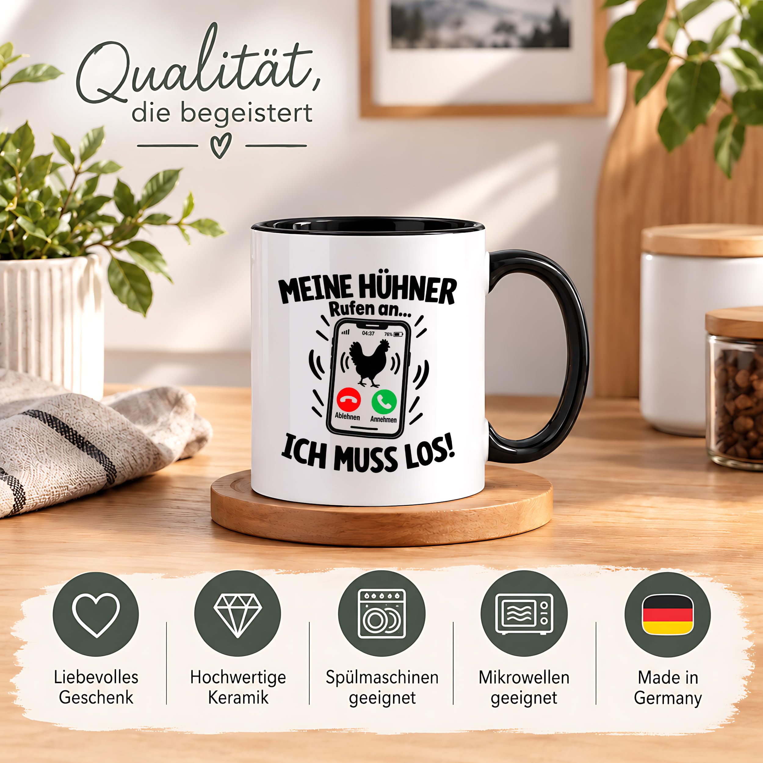 Herzbotschaft Kaffeetasse Meine Hühner rufen an ich muss los Tasse Geschenk