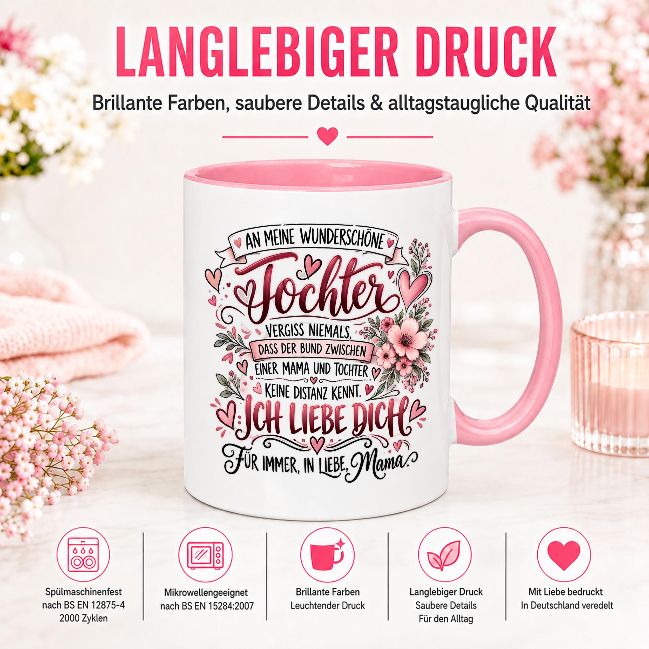 Herzbotschaft Tochter Tasse Geschenk von Mama Kaffeetasse hübsche Tochter