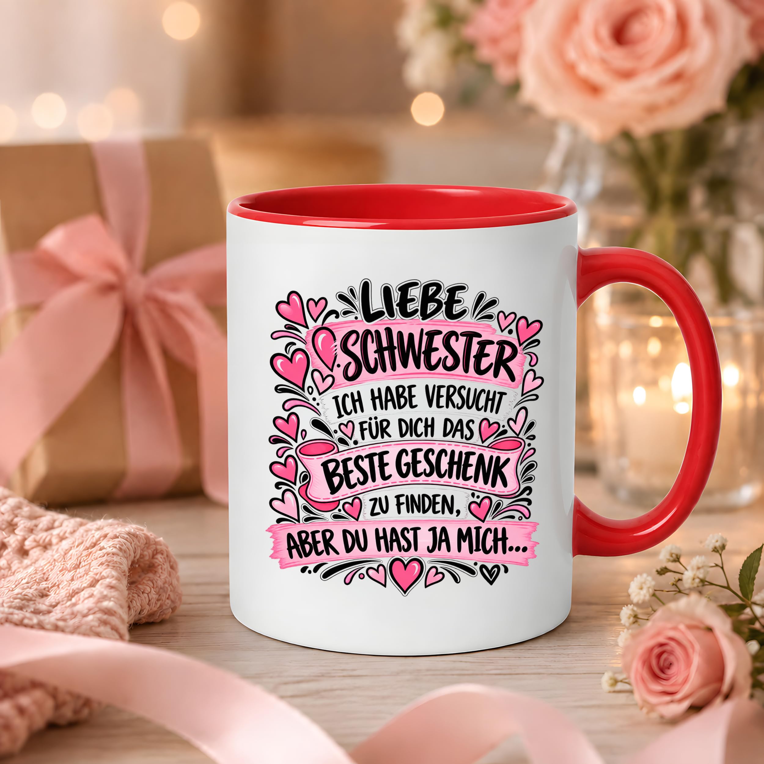 Herzbotschaft Tasse Geschenk Beste Schwester Kaffeetasse Geschwister