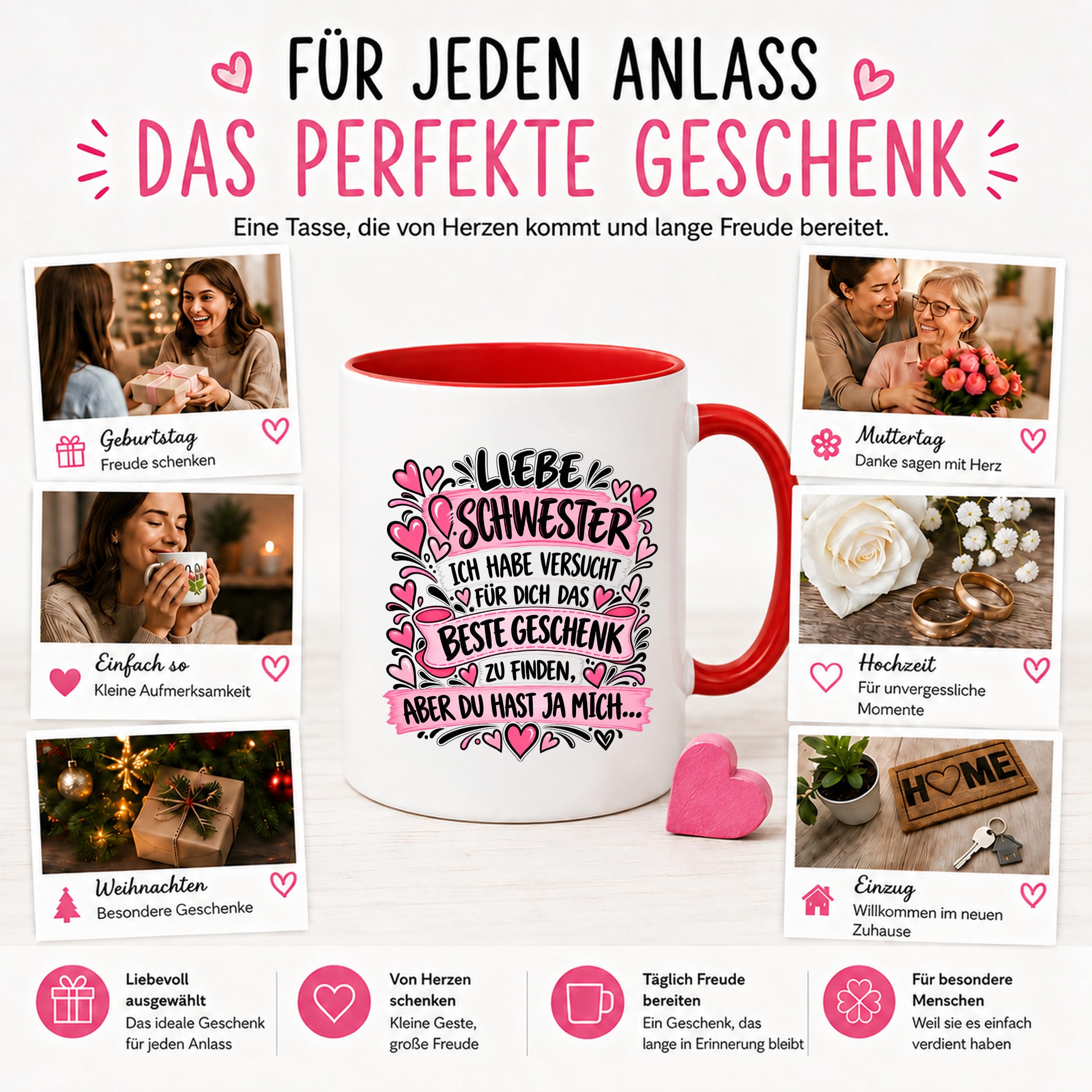 Herzbotschaft Tasse Geschenk Beste Schwester Kaffeetasse Geschwister