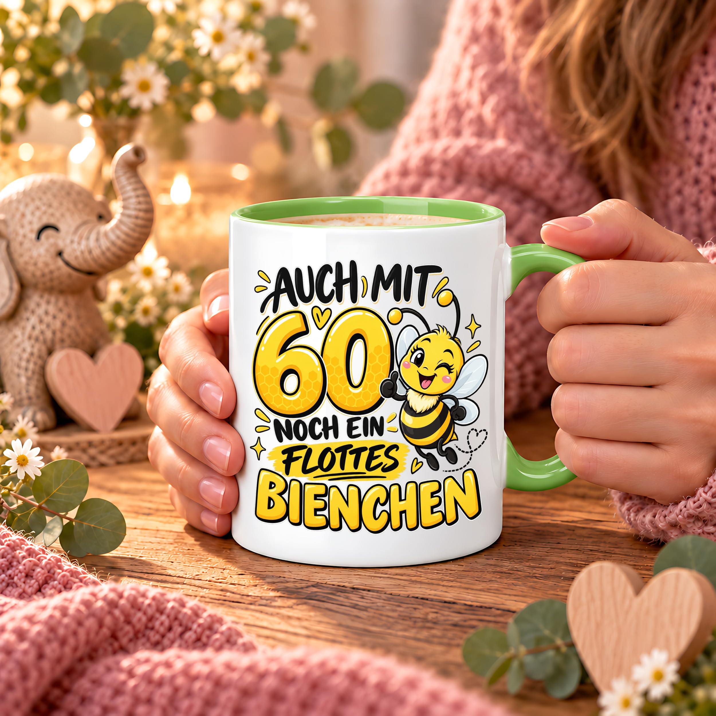 Herzbotschaft Tasse 60. Geburtstag Flottes Bienchen Geschenk für Frau