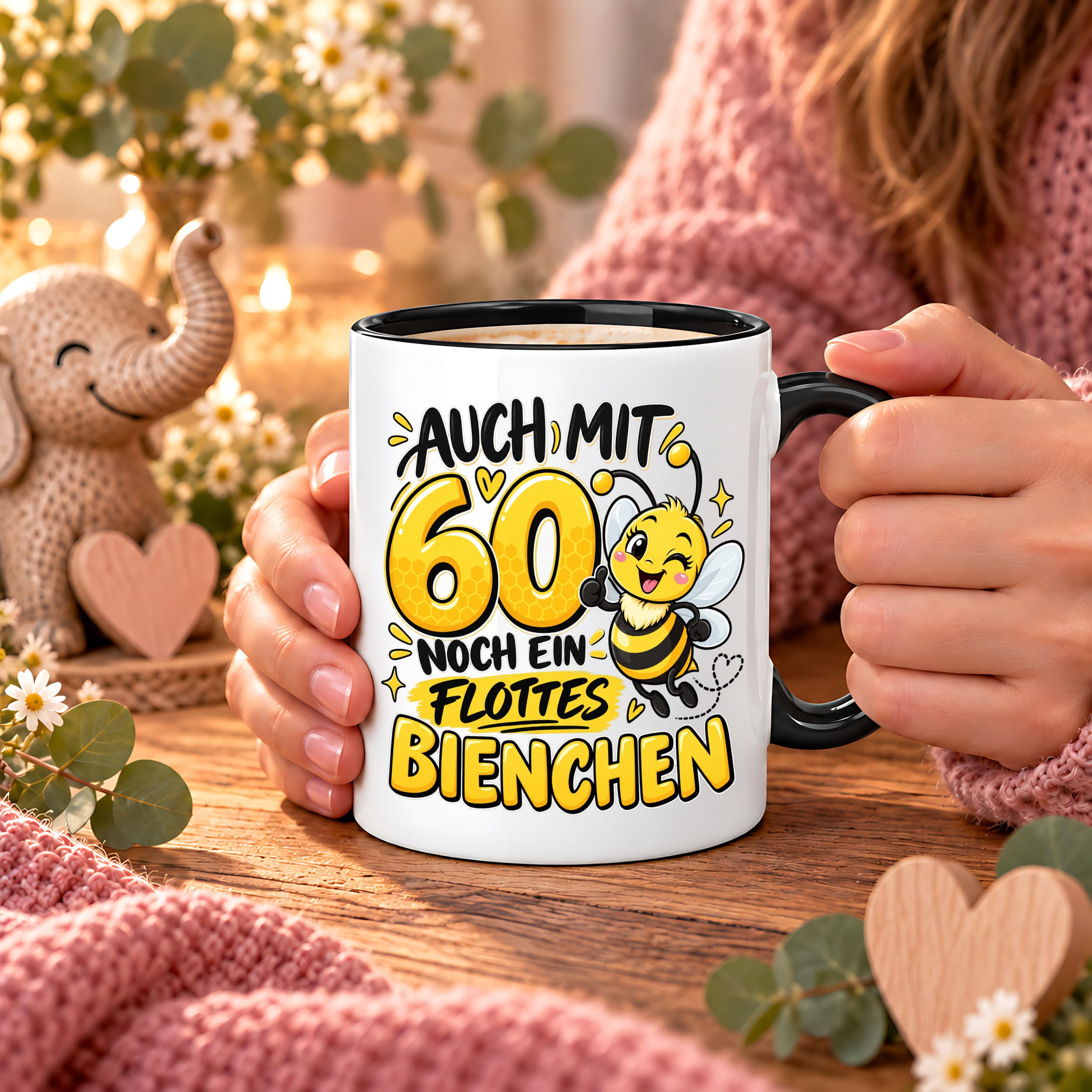 Herzbotschaft Tasse 60. Geburtstag Flottes Bienchen Geschenk für Frau