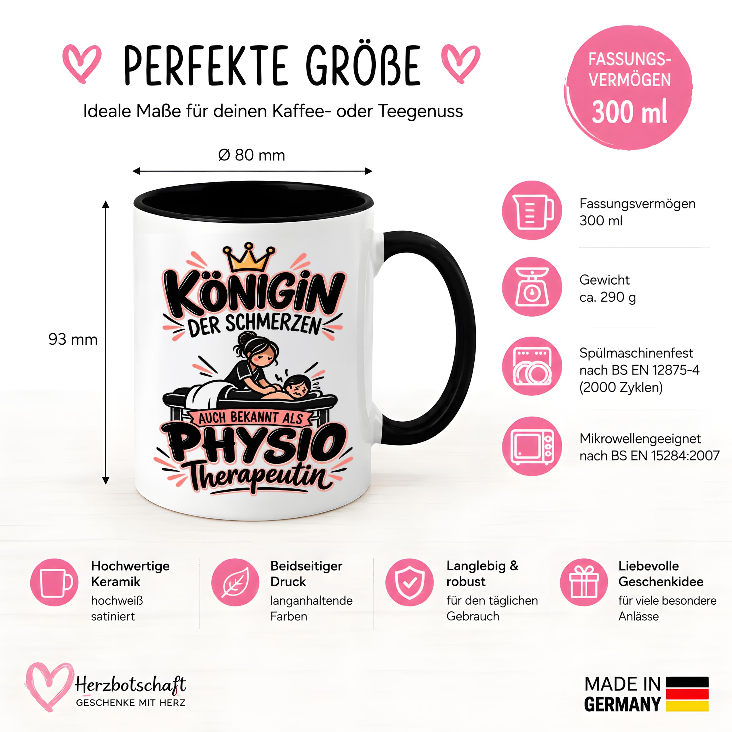 Herzbotschaft Tasse Physiotherapeutin Königin der Schmerzen Kaffeetasse