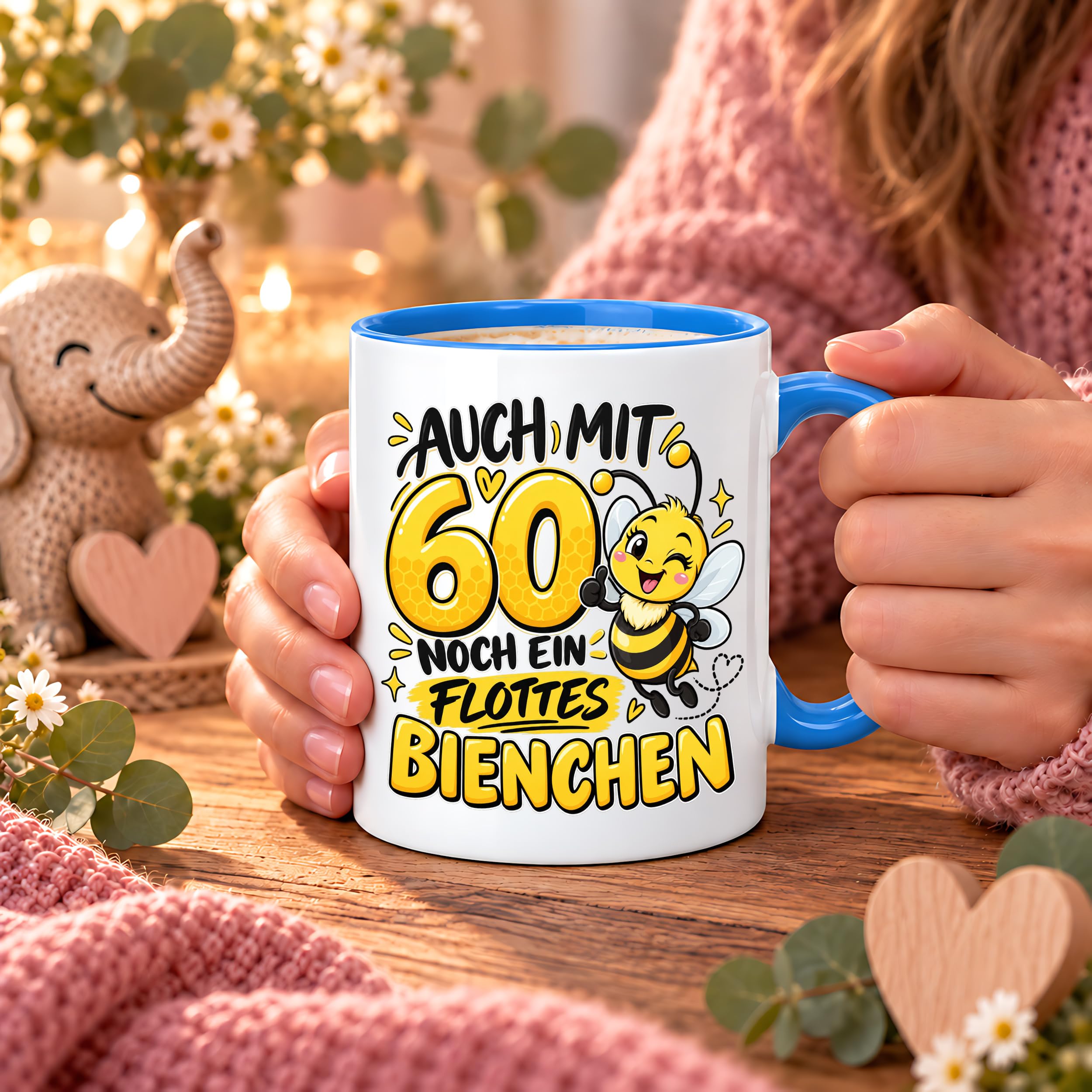 Herzbotschaft Tasse 60. Geburtstag Flottes Bienchen Geschenk für Frau