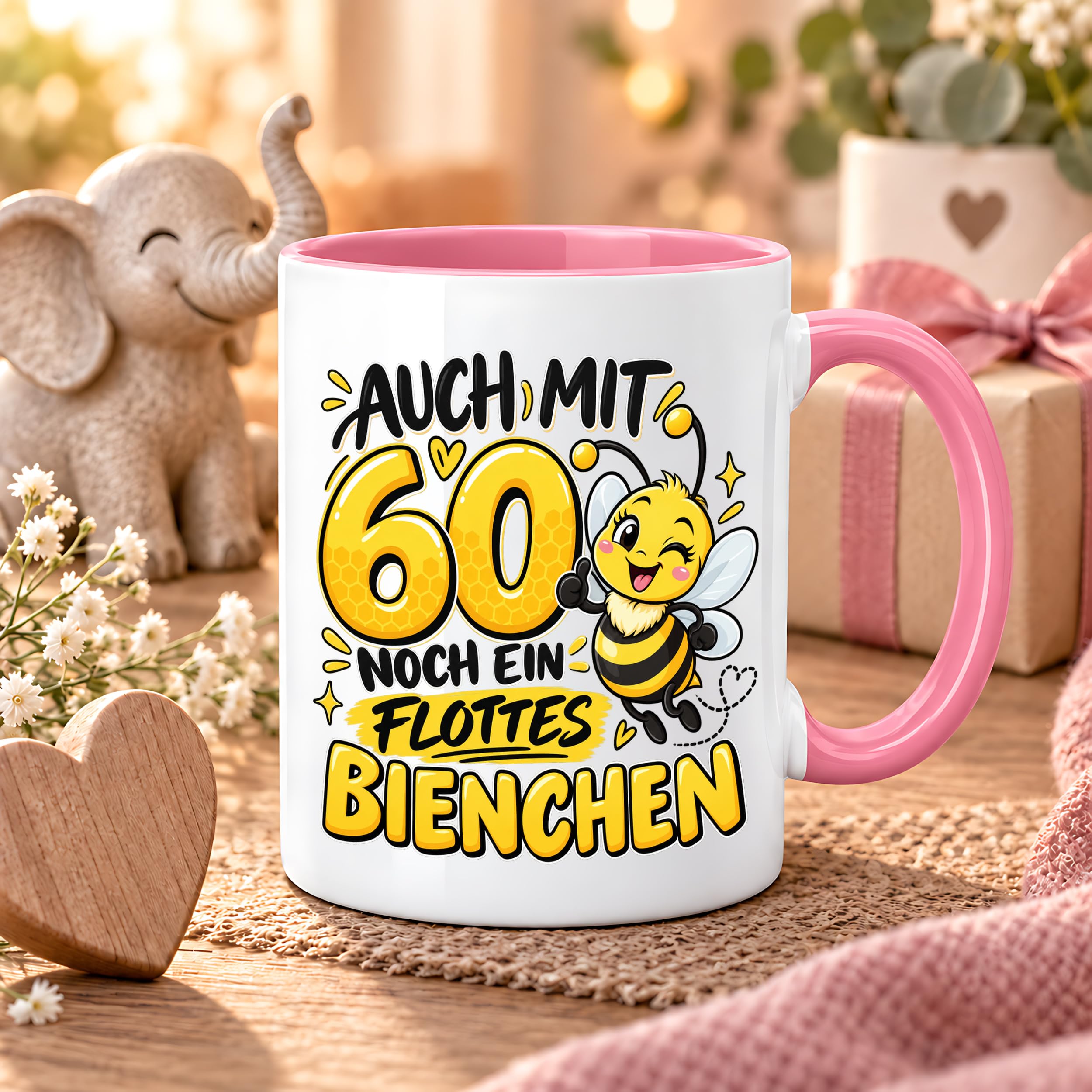 Herzbotschaft Tasse 60. Geburtstag Flottes Bienchen Geschenk für Frau
