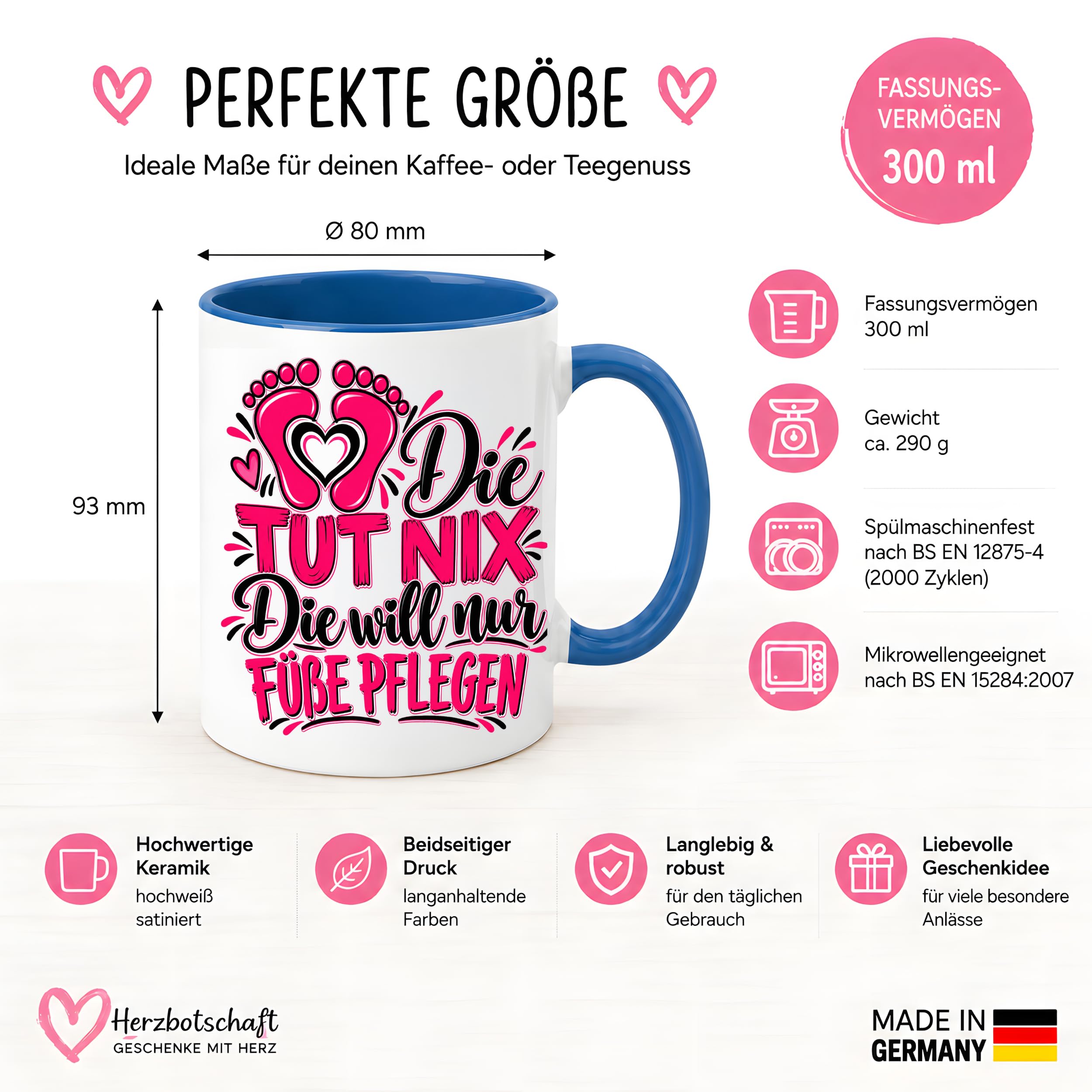 Herzbotschaft Tasse Fußpflege Kaffeetasse für Podologin mit lustigem Spruch