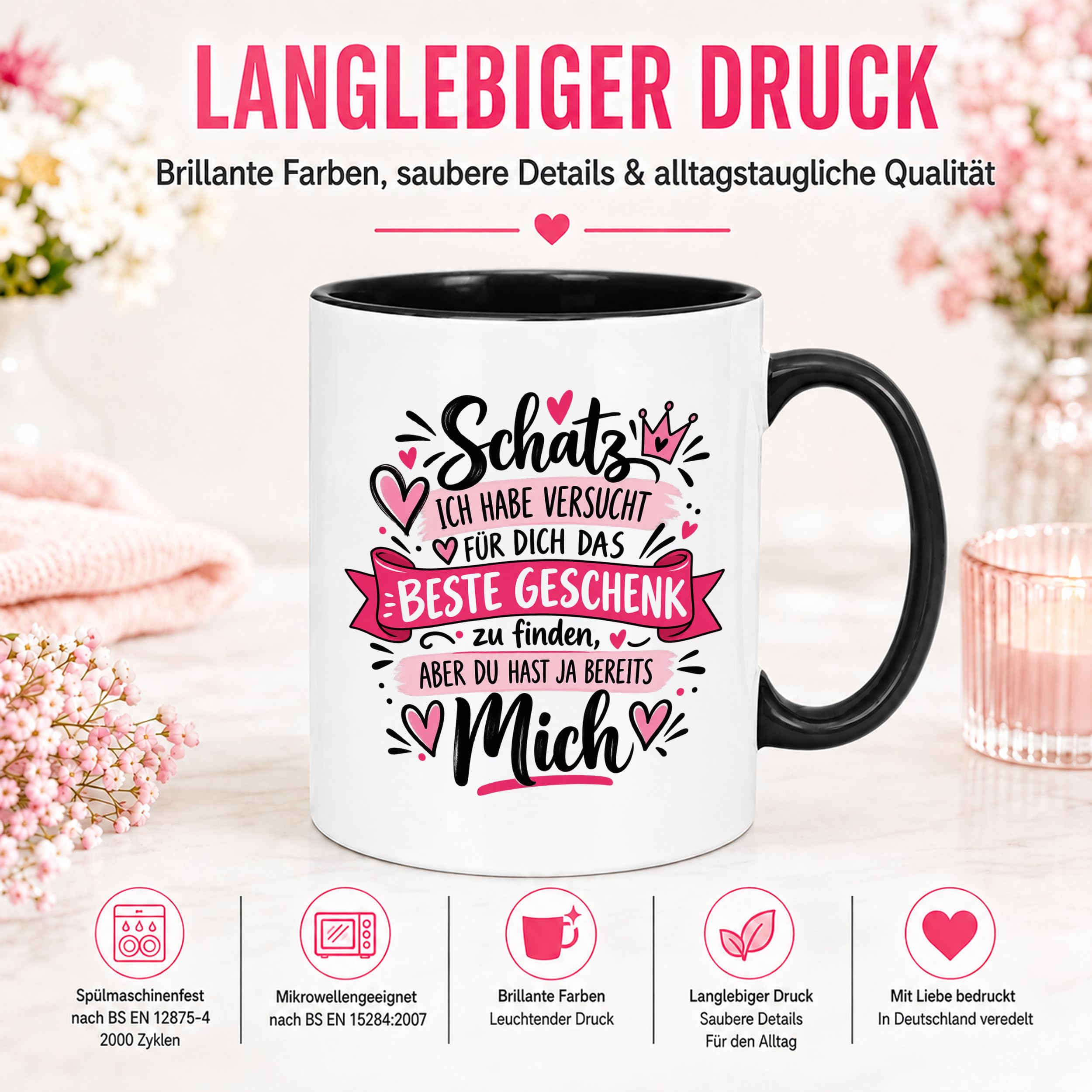 Herzbotschaft Tasse Schatz mit Spruch Das perfekte Geschenk Partner