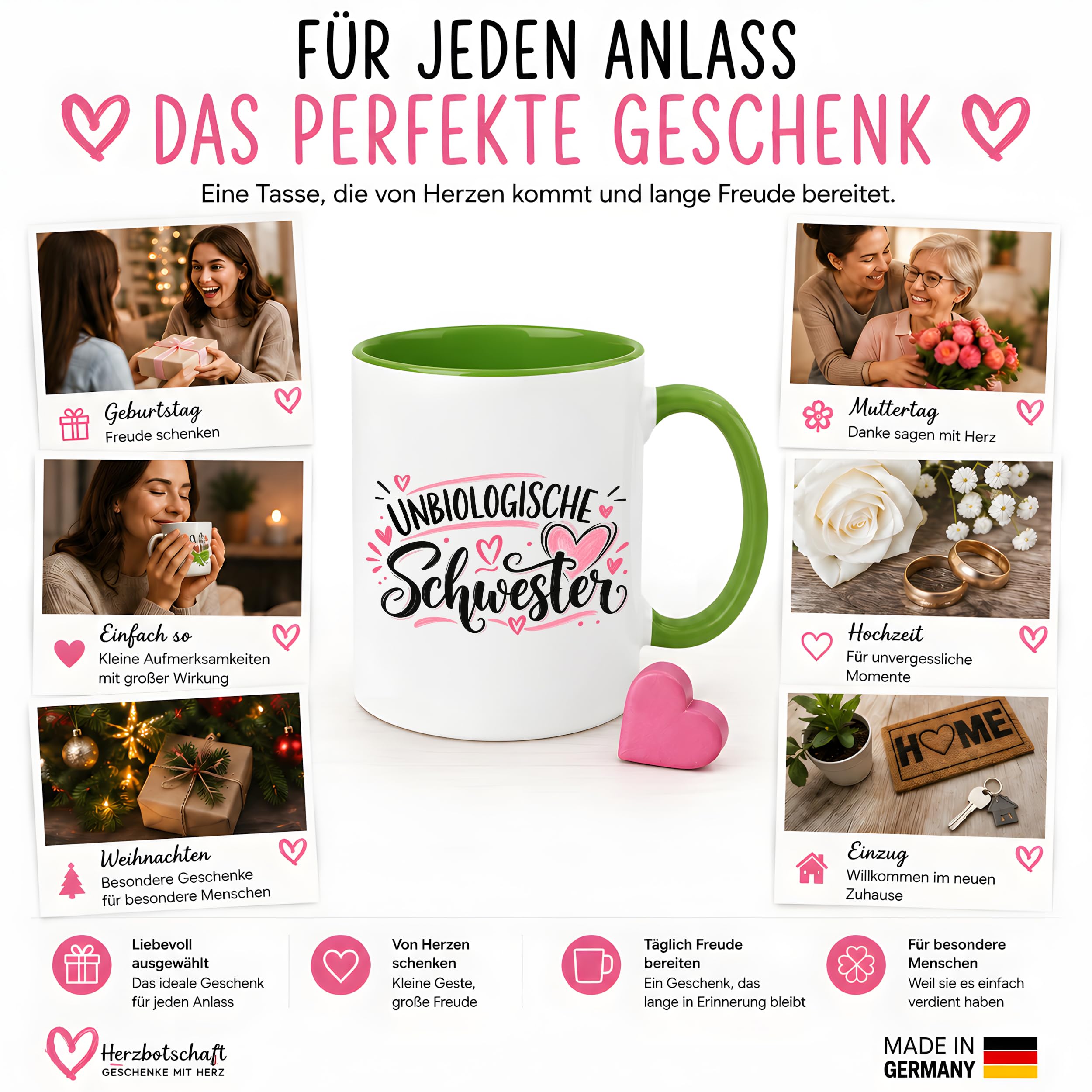 Herzbotschaft Tasse für beste Freundin Kaffeetasse Unbiologische Schwester