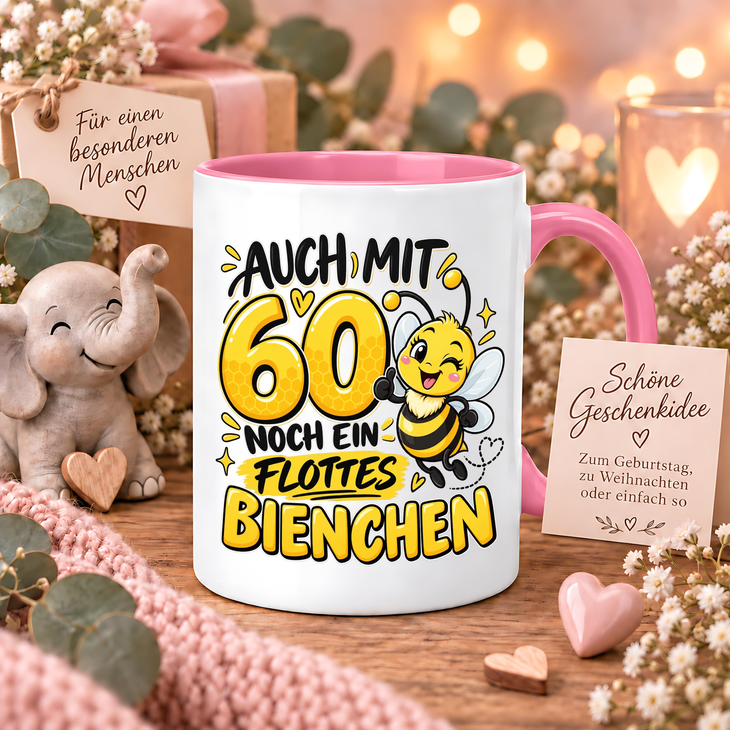 Herzbotschaft Tasse 60. Geburtstag Flottes Bienchen Geschenk für Frau
