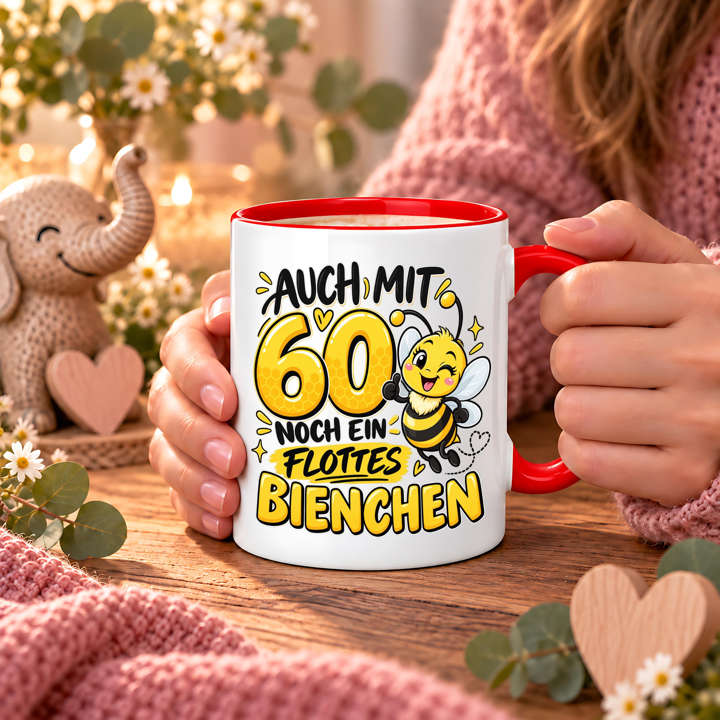 Herzbotschaft Tasse 60. Geburtstag Flottes Bienchen Geschenk für Frau