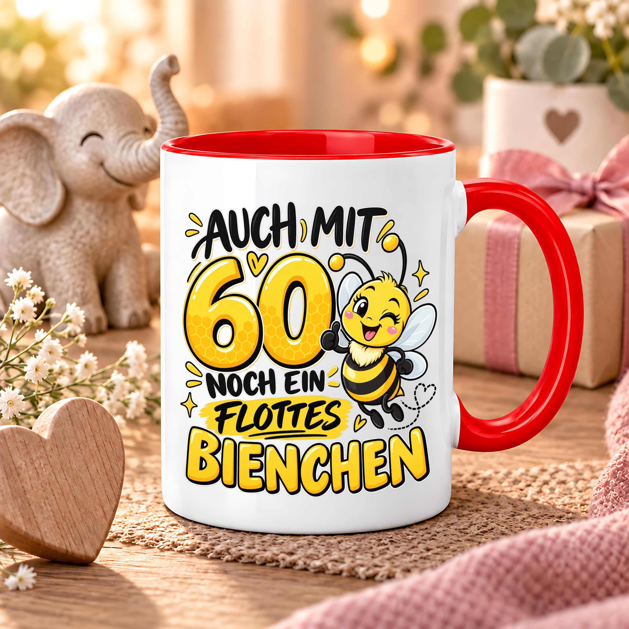 Herzbotschaft Tasse 60. Geburtstag Flottes Bienchen Geschenk für Frau