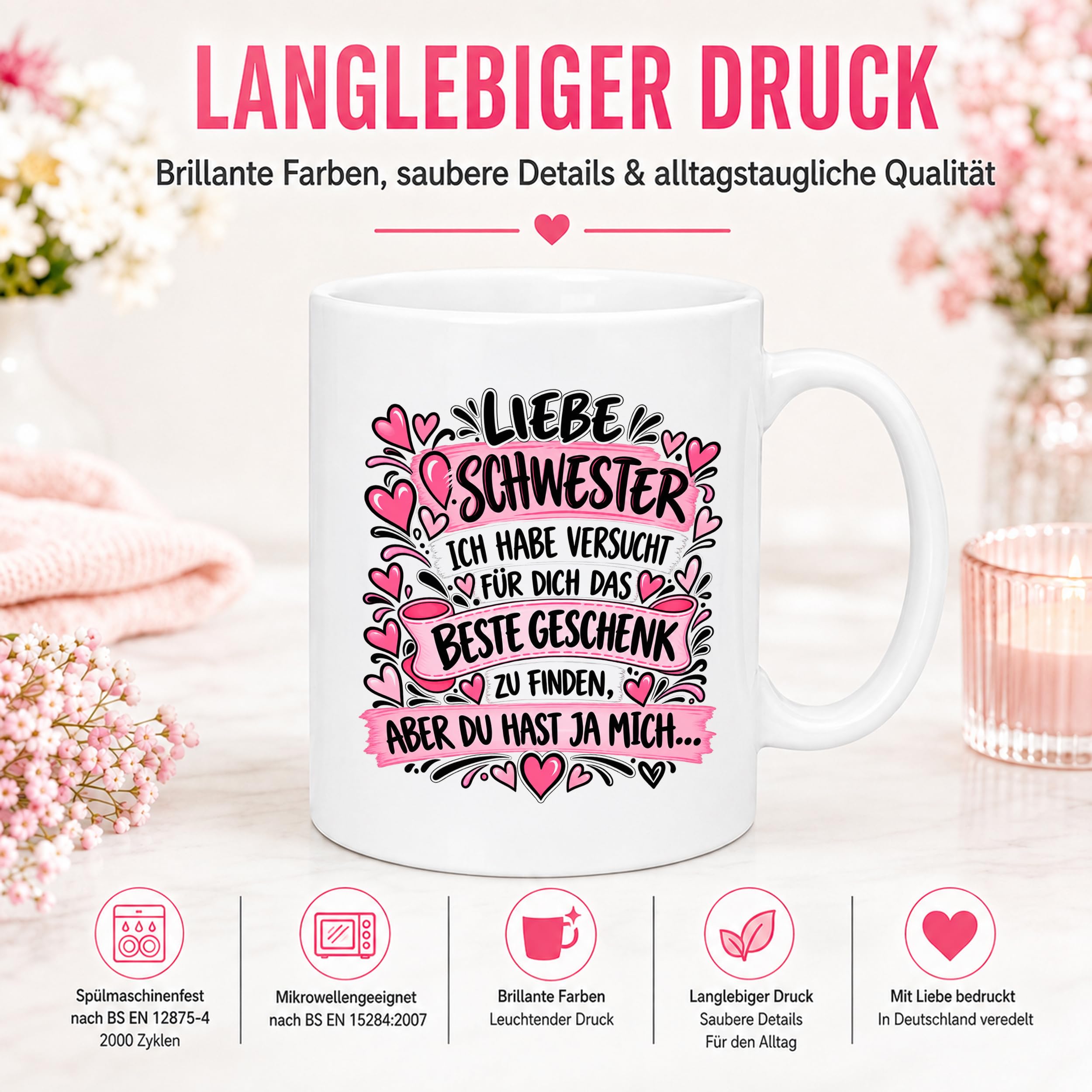 Herzbotschaft Tasse Geschenk Beste Schwester Kaffeetasse Geschwister