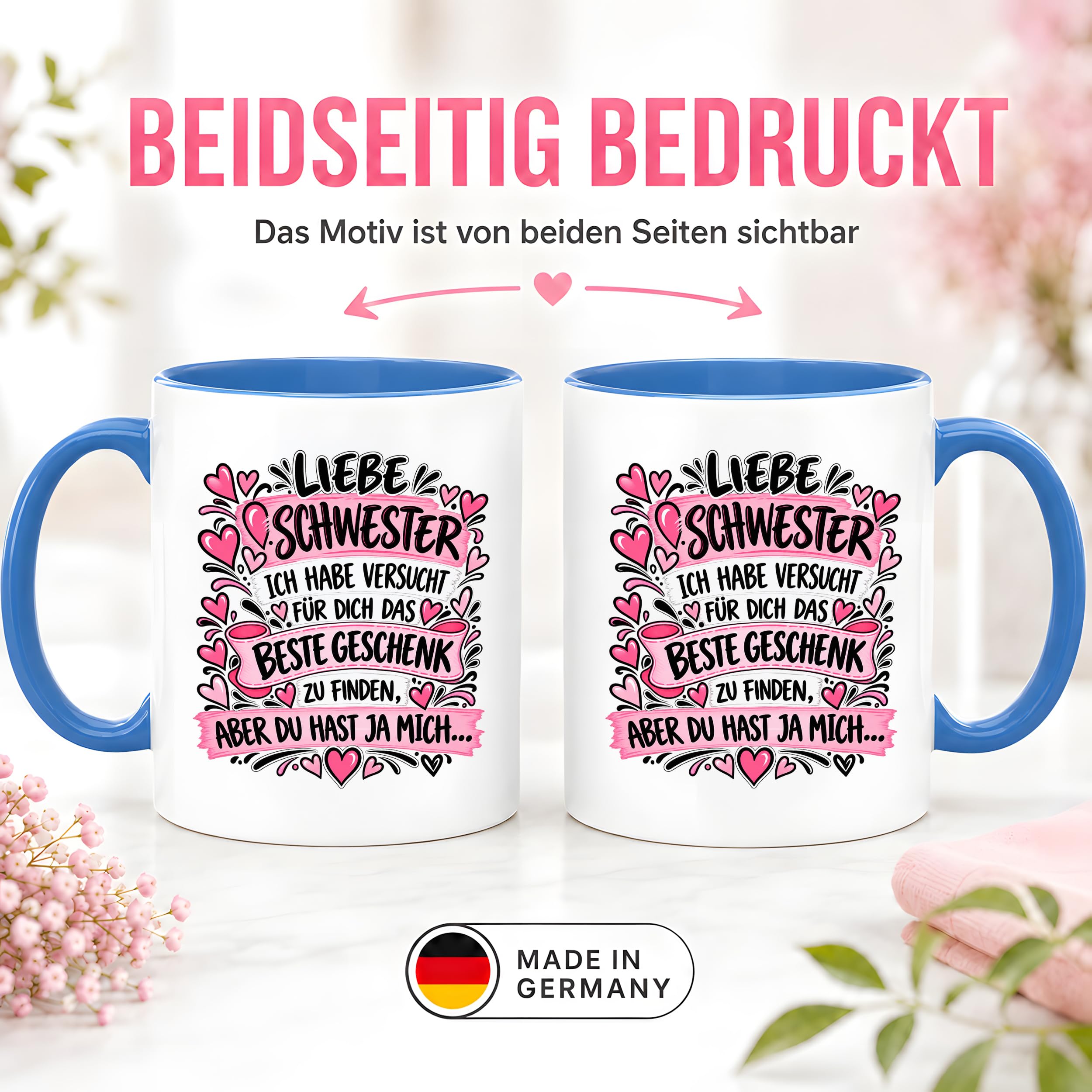 Herzbotschaft Tasse Geschenk Beste Schwester Kaffeetasse Geschwister