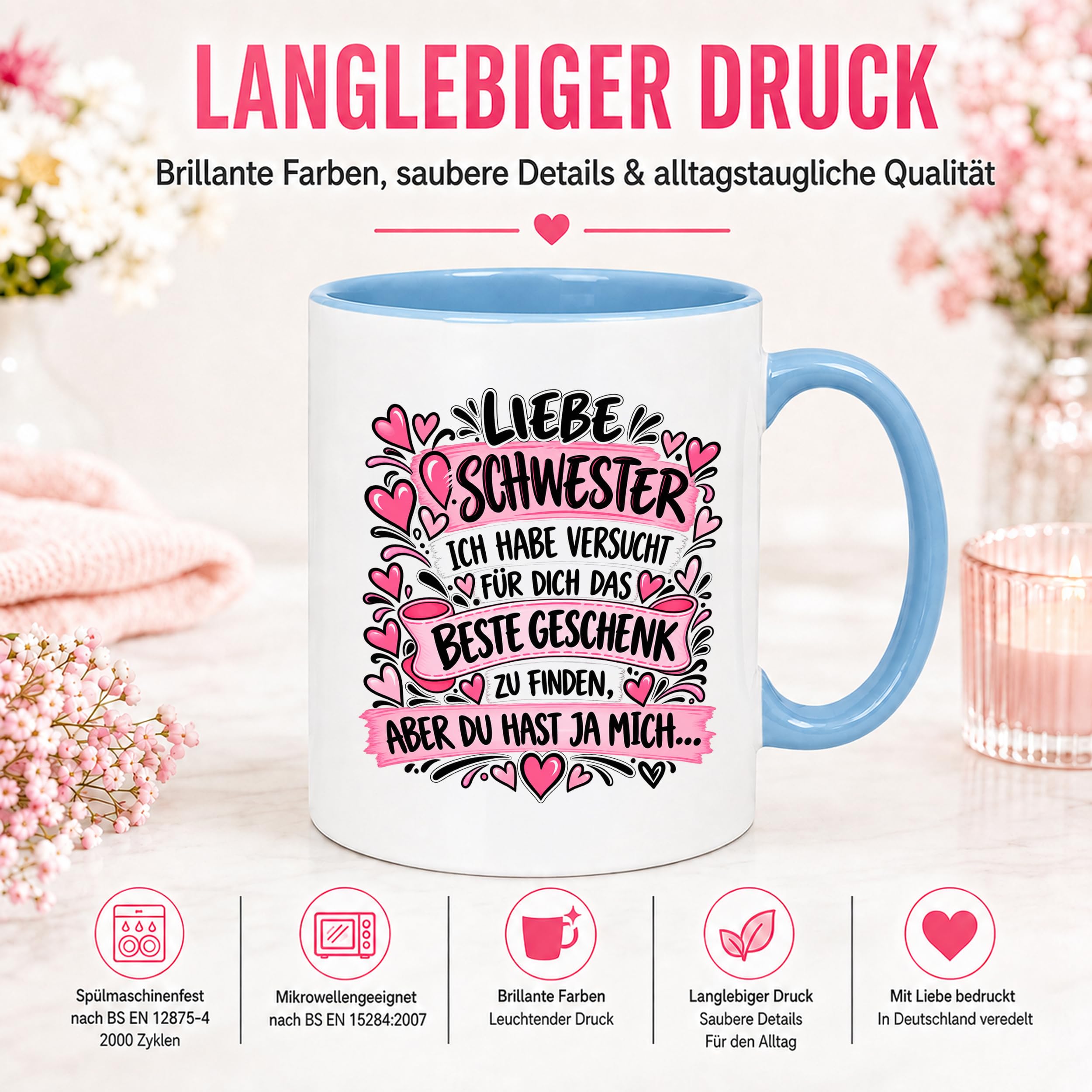 Herzbotschaft Tasse Geschenk Beste Schwester Kaffeetasse Geschwister