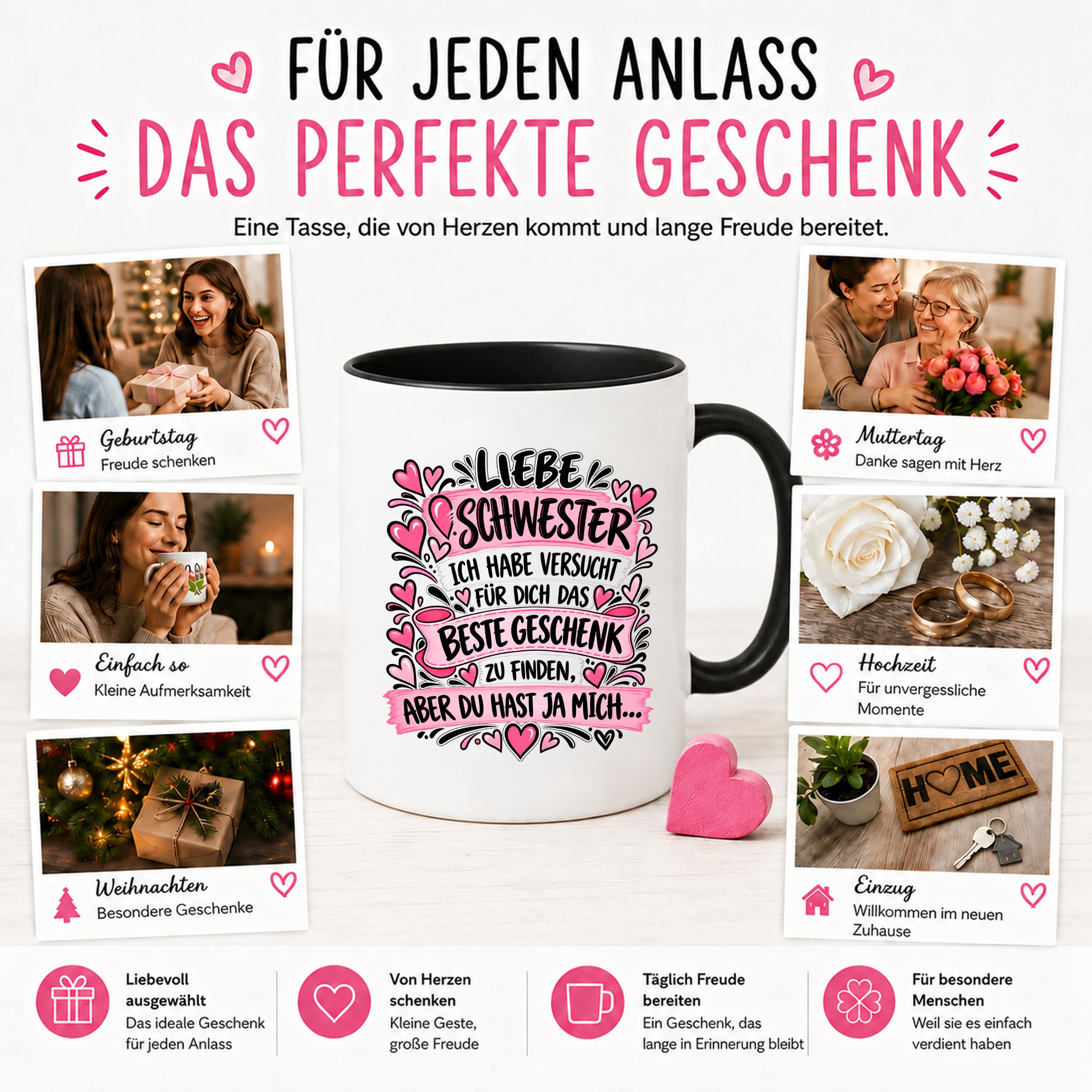 Herzbotschaft Tasse Geschenk Beste Schwester Kaffeetasse Geschwister