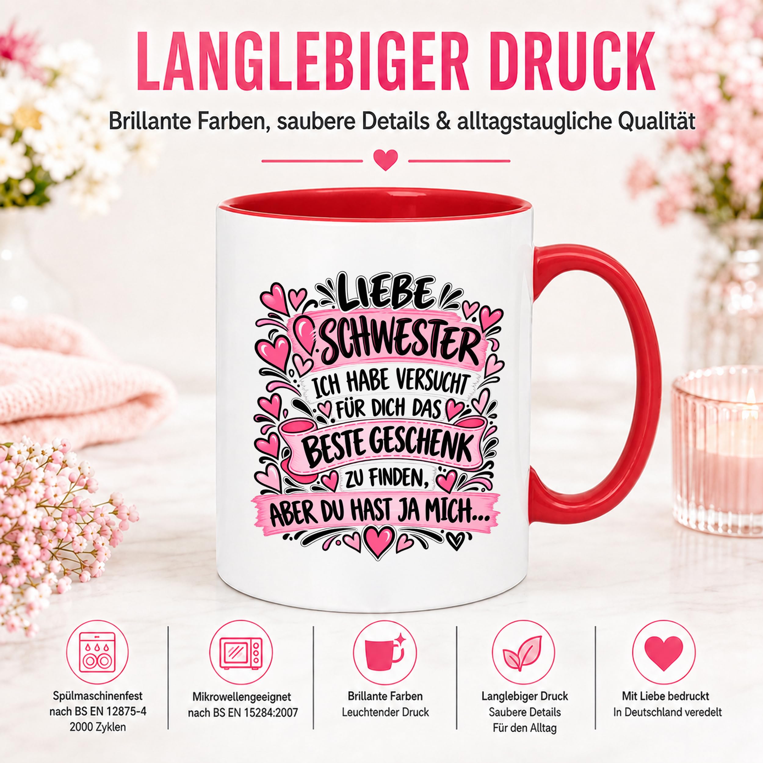 Herzbotschaft Tasse Geschenk Beste Schwester Kaffeetasse Geschwister
