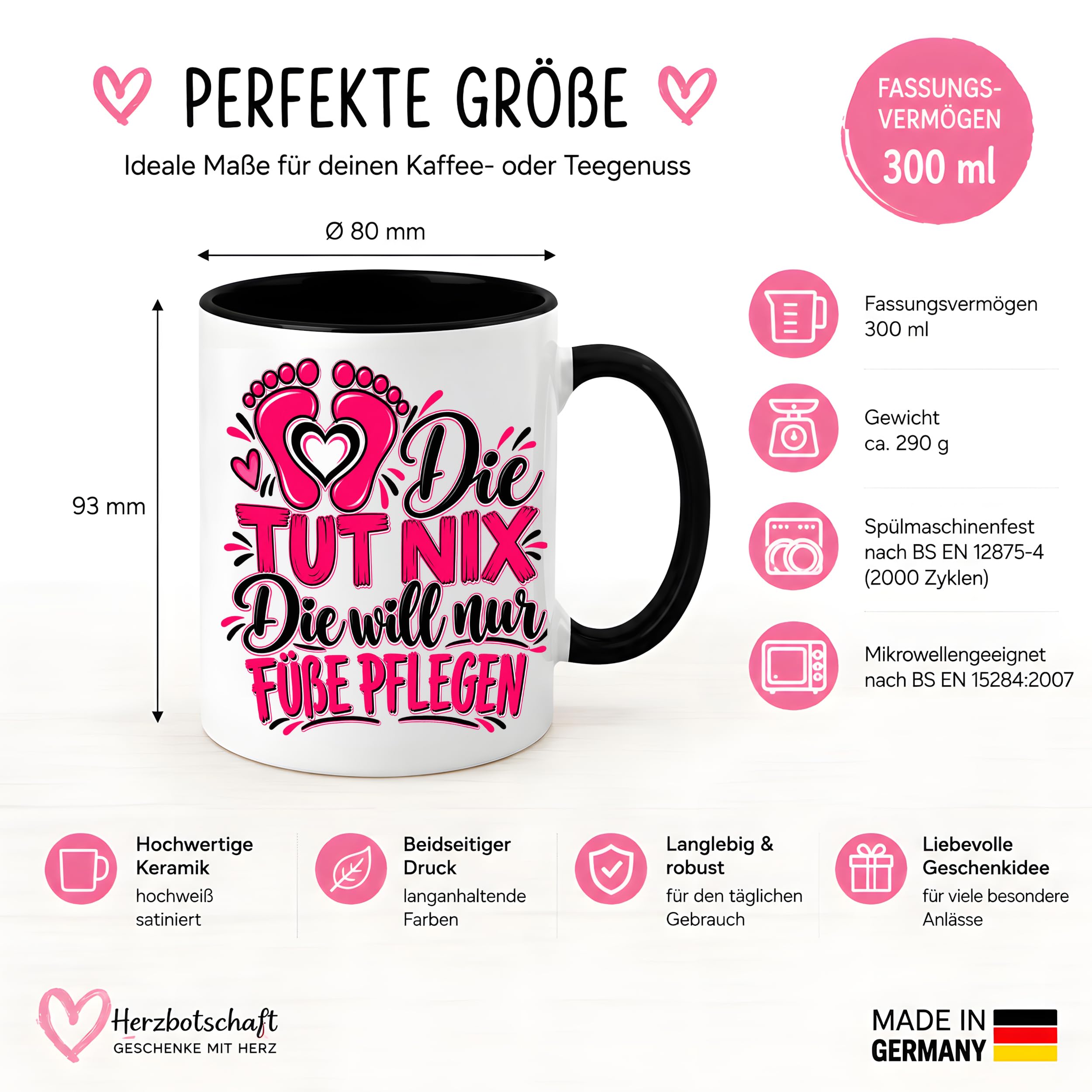 Herzbotschaft Tasse Fußpflege Kaffeetasse für Podologin mit lustigem Spruch