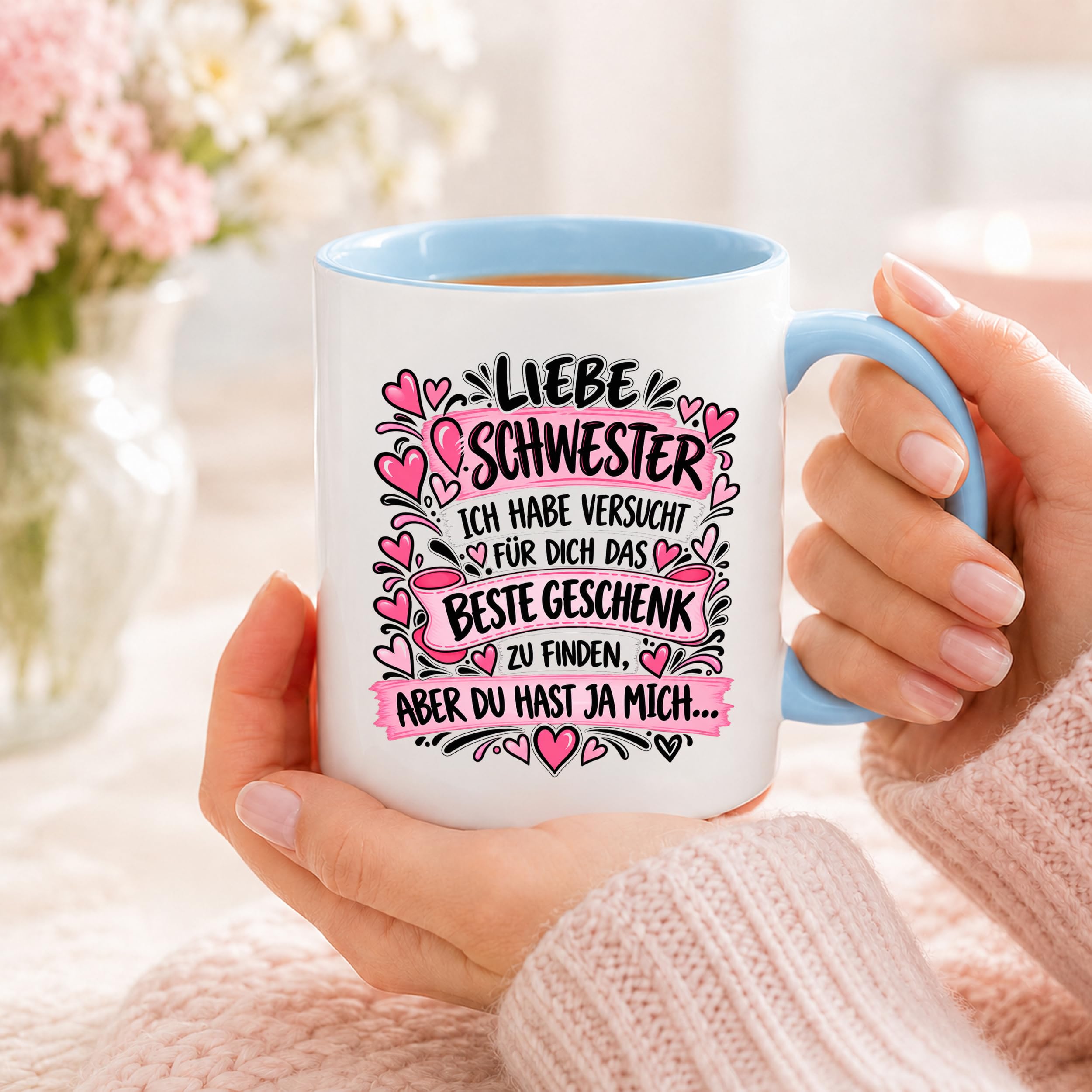 Herzbotschaft Tasse Geschenk Beste Schwester Kaffeetasse Geschwister