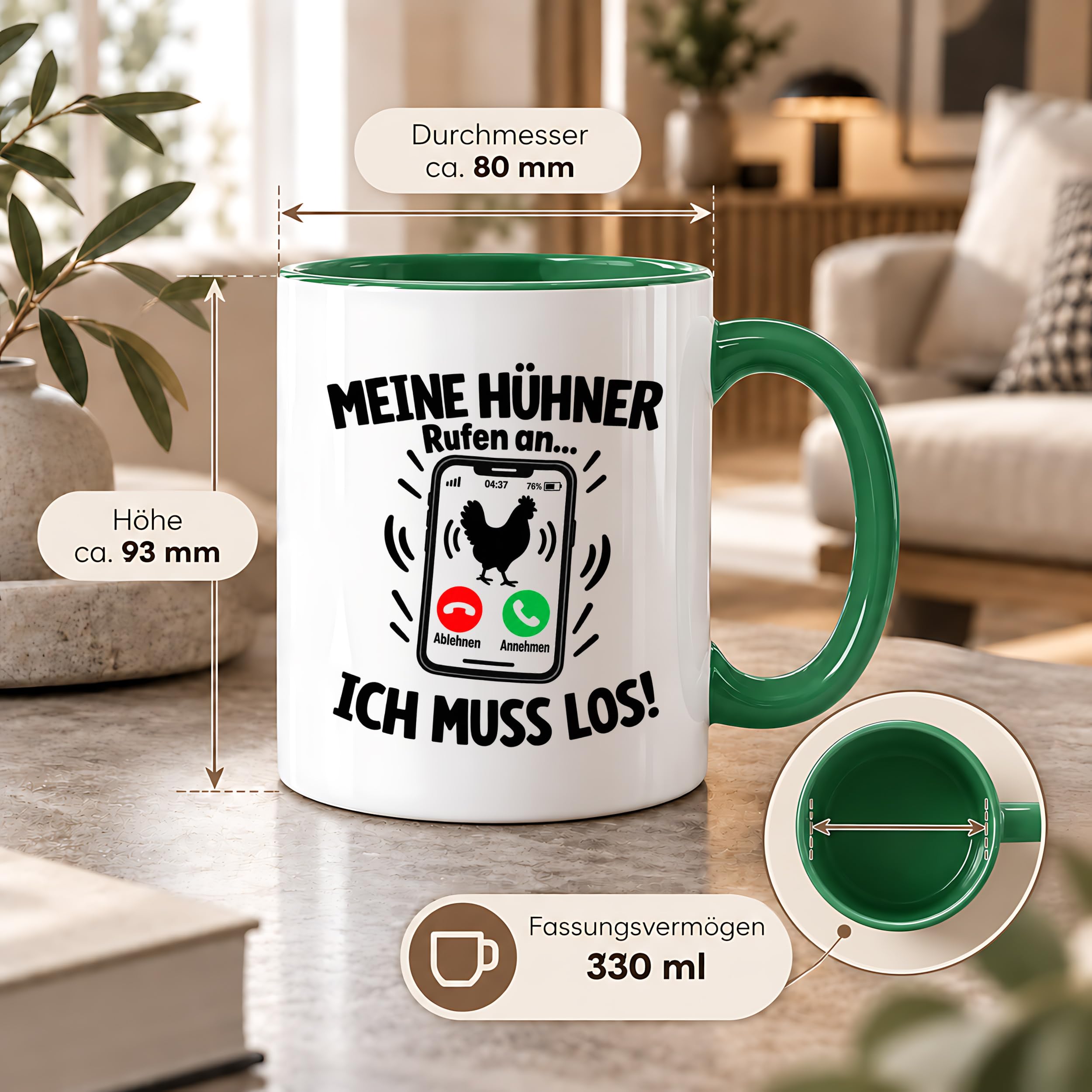 Herzbotschaft Kaffeetasse Meine Hühner rufen an ich muss los Tasse Geschenk