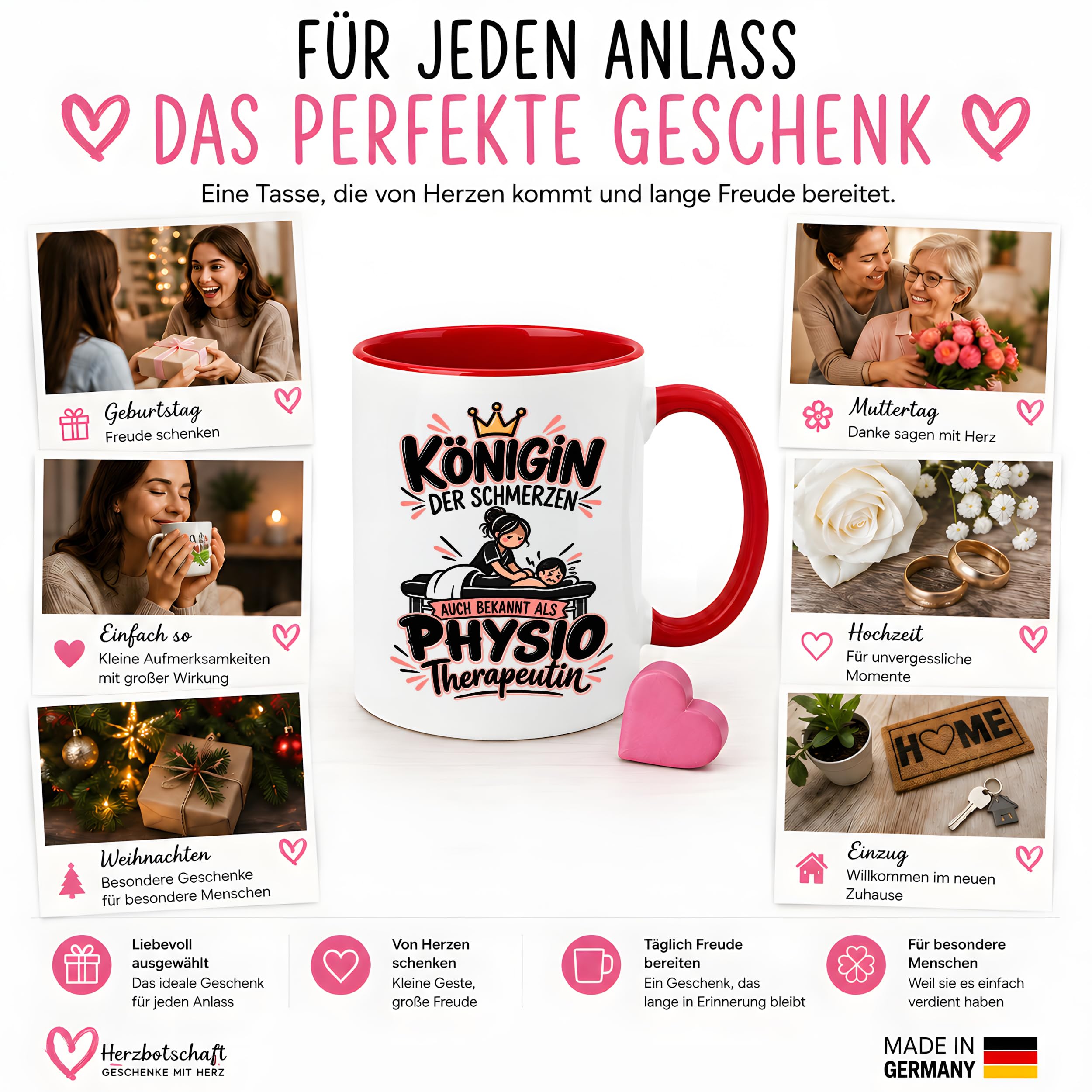 Herzbotschaft Tasse Physiotherapeutin Königin der Schmerzen Kaffeetasse