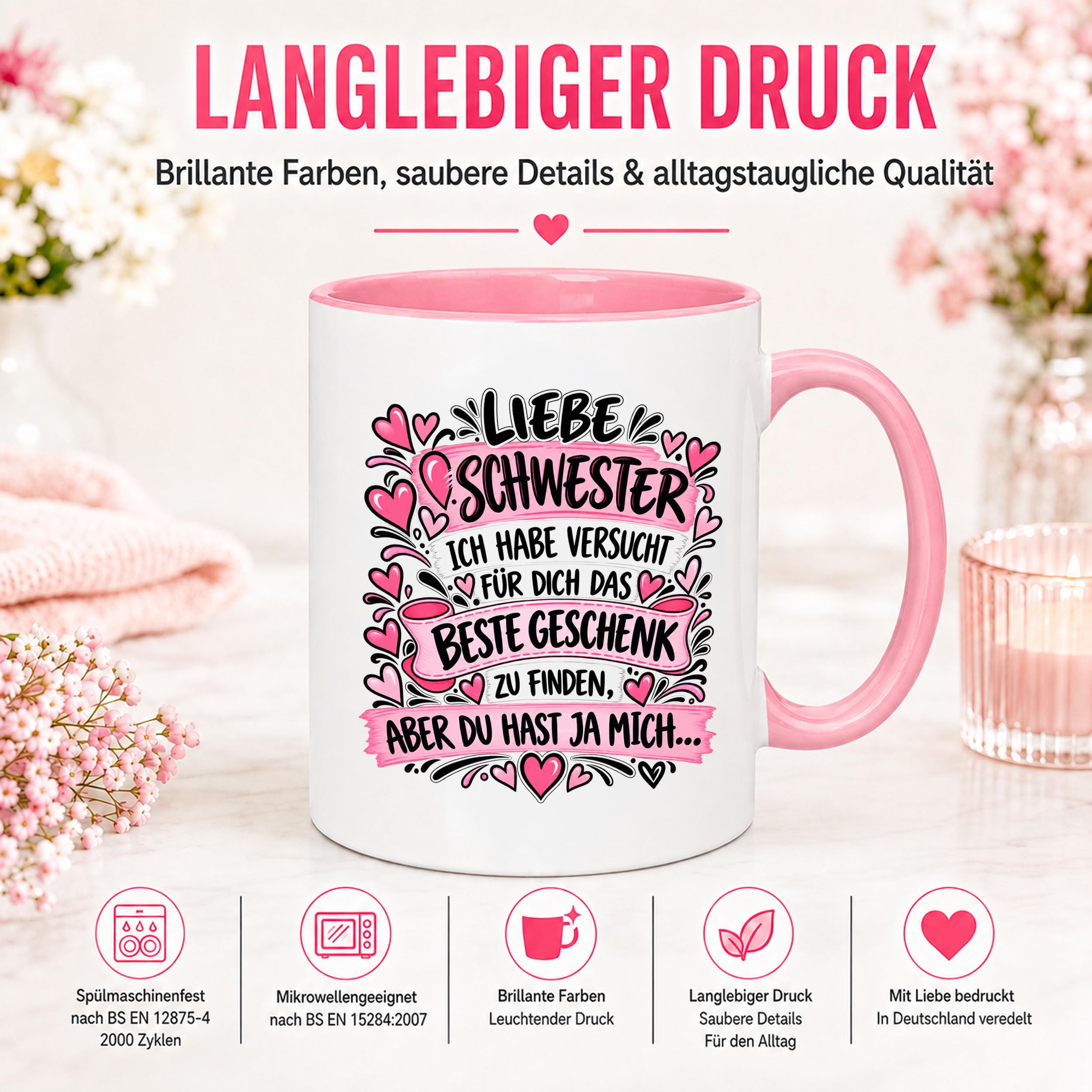 Herzbotschaft Tasse Geschenk Beste Schwester Kaffeetasse Geschwister