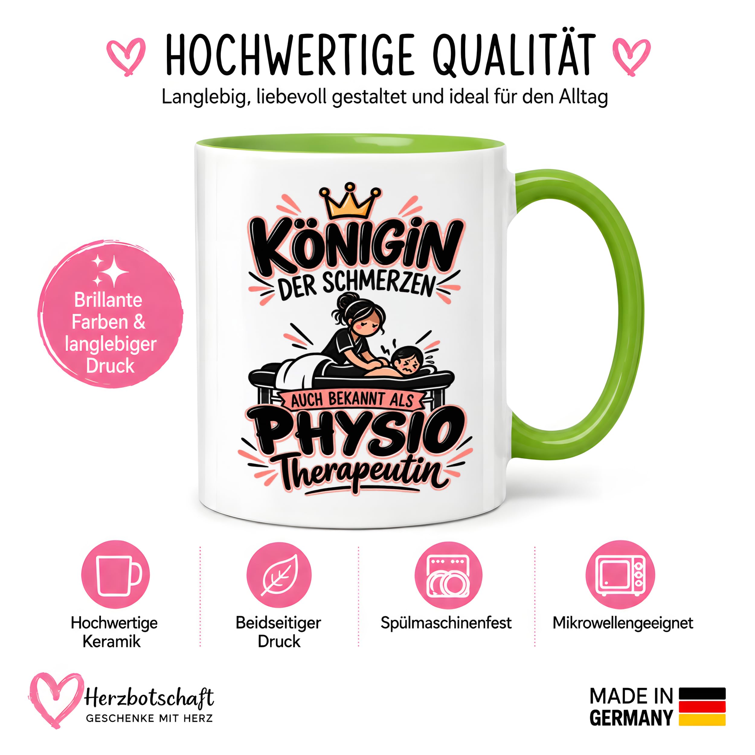 Herzbotschaft Tasse Physiotherapeutin Königin der Schmerzen Kaffeetasse