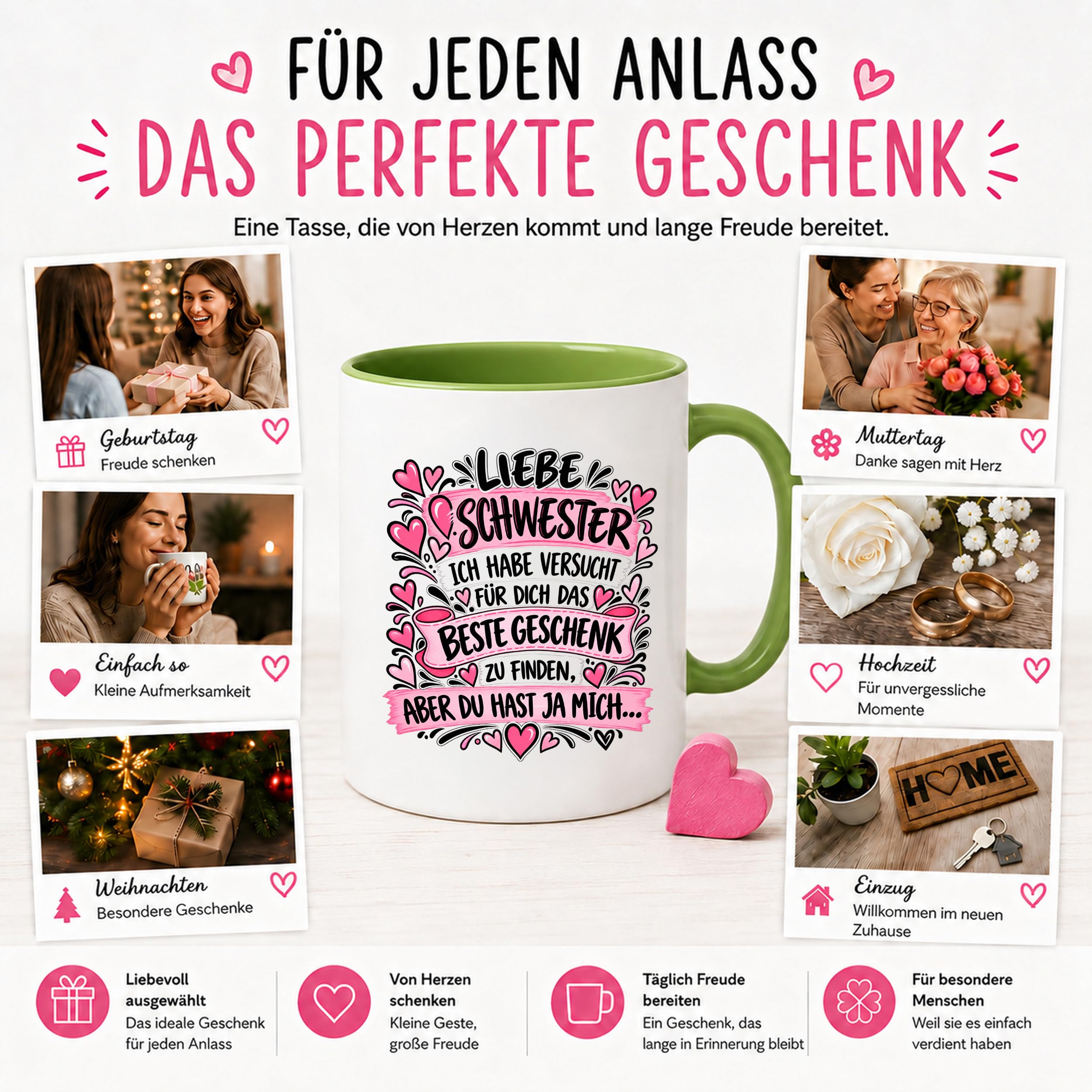 Herzbotschaft Tasse Geschenk Beste Schwester Kaffeetasse Geschwister