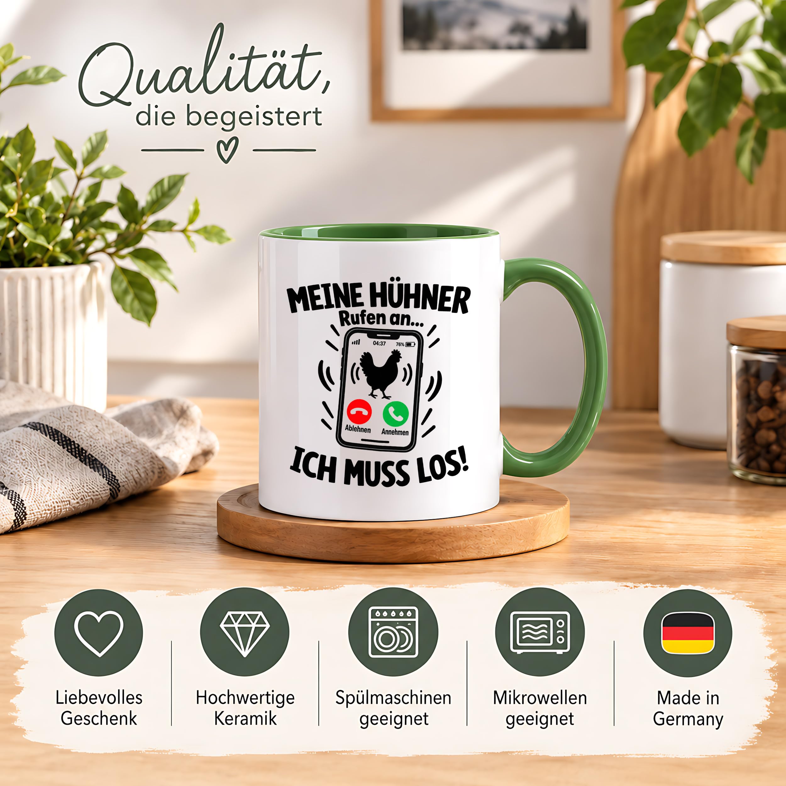 Herzbotschaft Kaffeetasse Meine Hühner rufen an ich muss los Tasse Geschenk