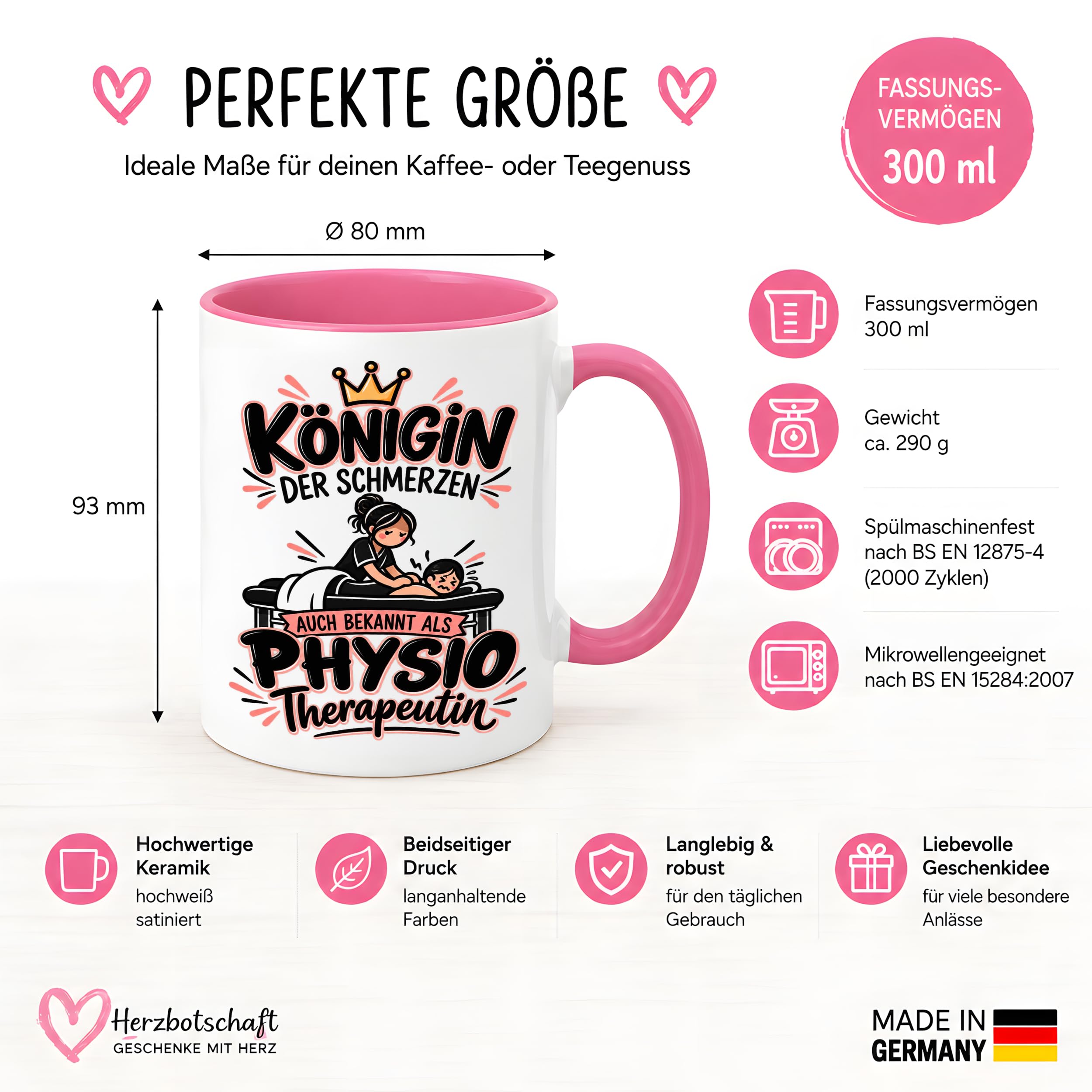Herzbotschaft Tasse Physiotherapeutin Königin der Schmerzen Kaffeetasse